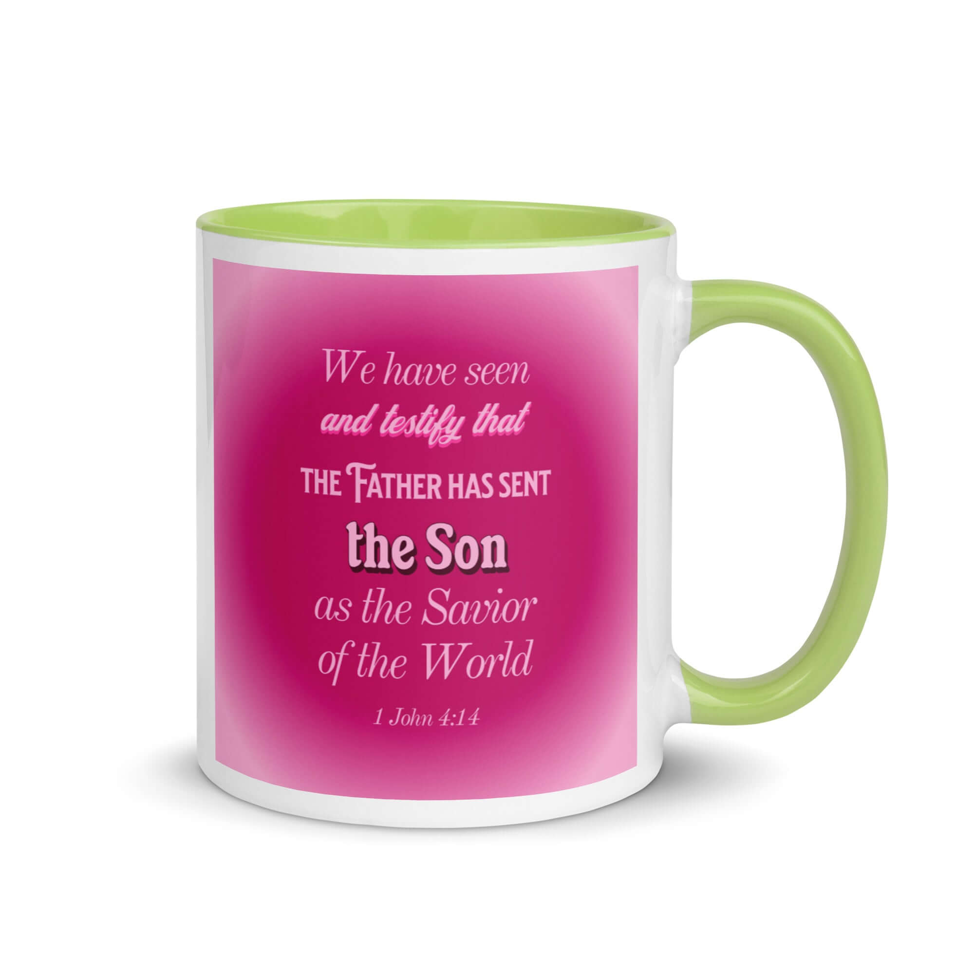 1 John 4:14 Bible Verse, that the Father White Ceramic Mug with Color Inside Green 11 oz