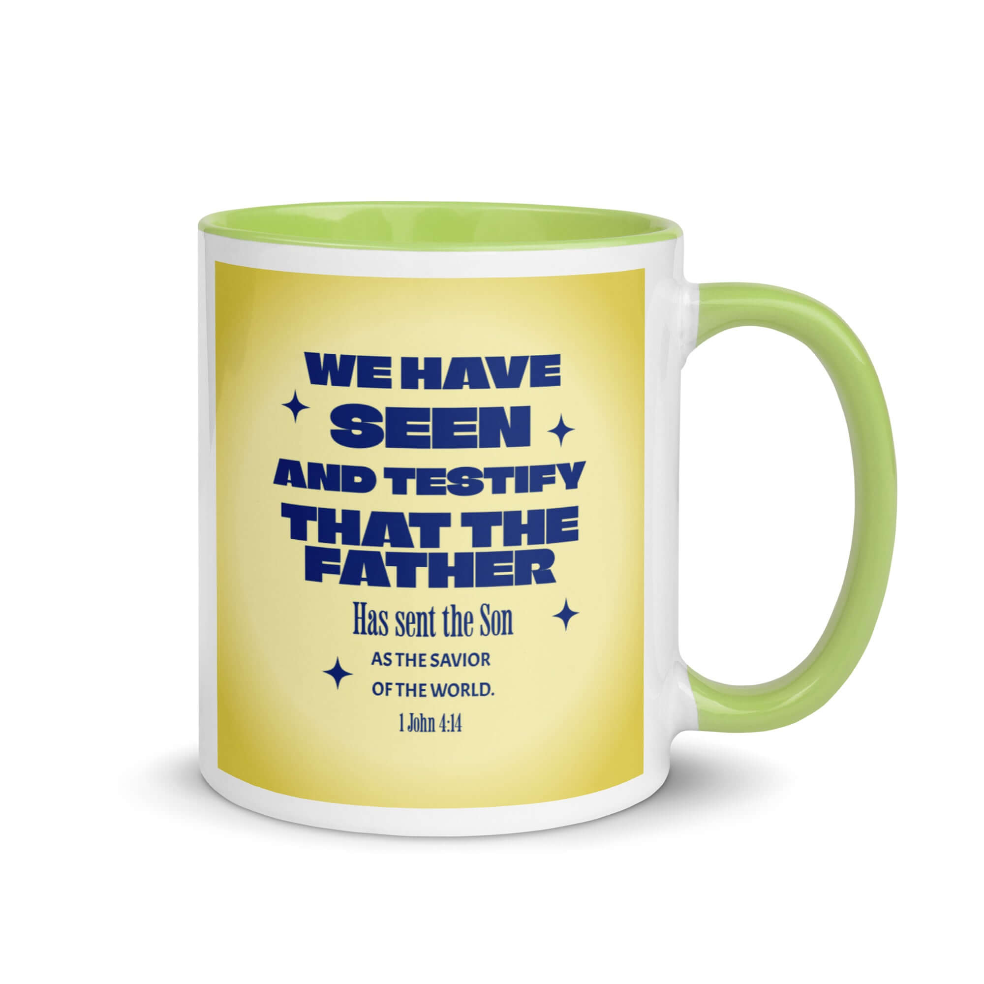 1 John 4:14 Bible Verse, Savior of the world White Ceramic Mug with Color Inside Green 11 oz