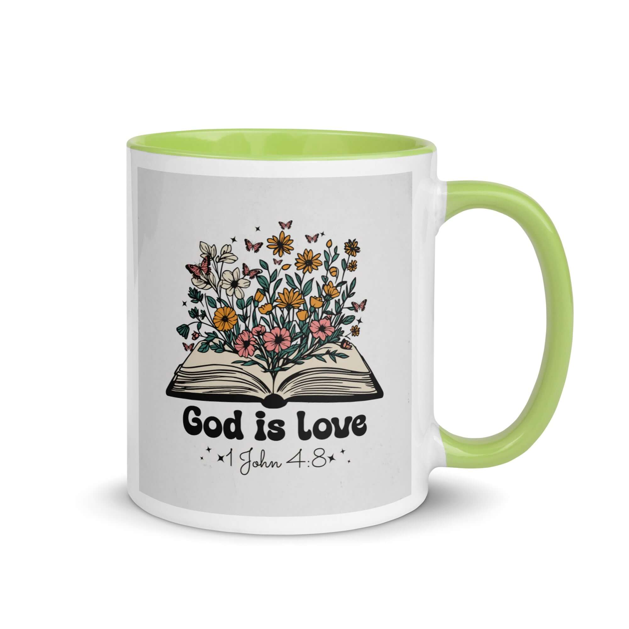 1 John 4:8 Bible Verse, God is Love White Ceramic Mug with Color Inside Green 11 oz
