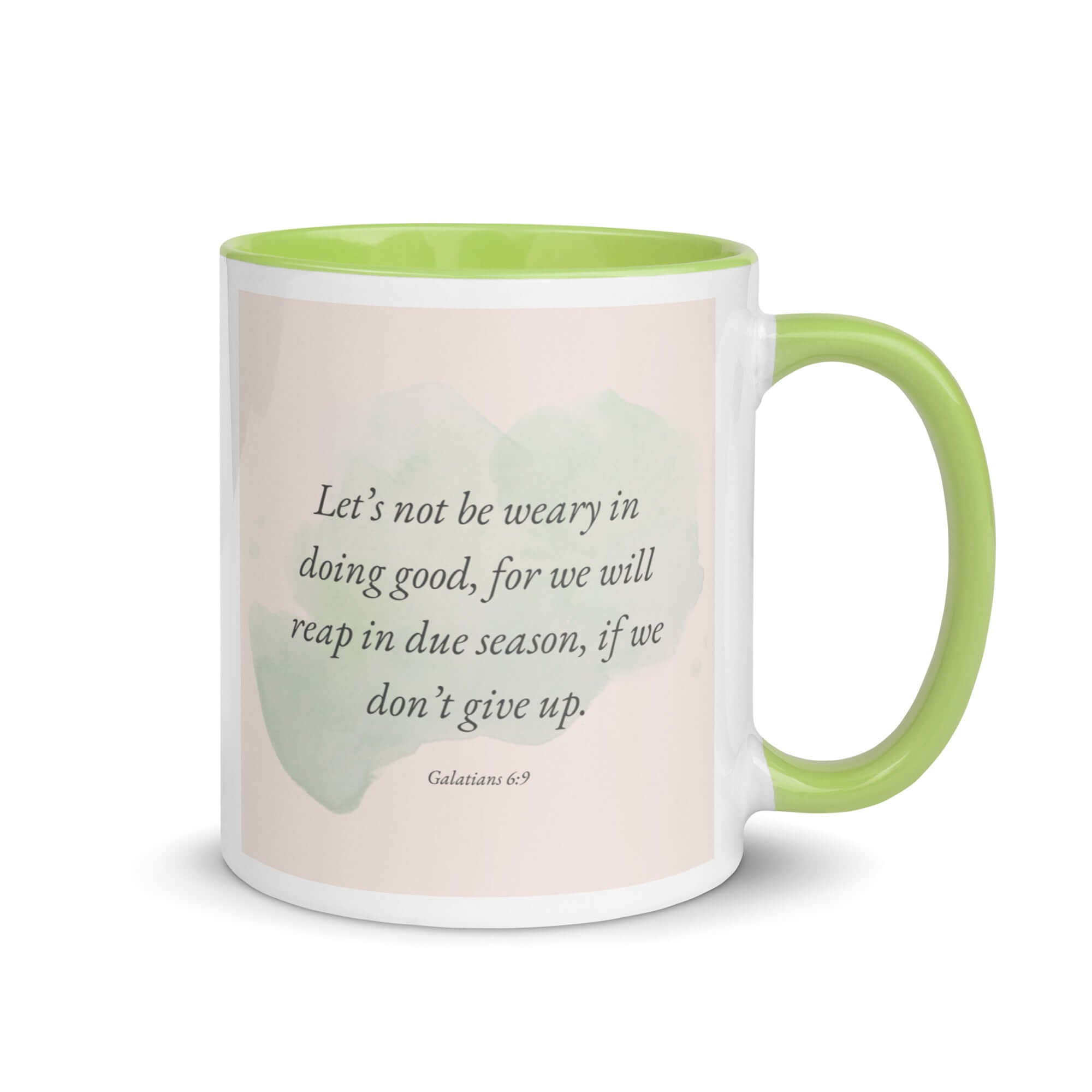Galatians 6:9 Bible Verse, not be weary White Ceramic Mug with Color Inside Green 11 oz
