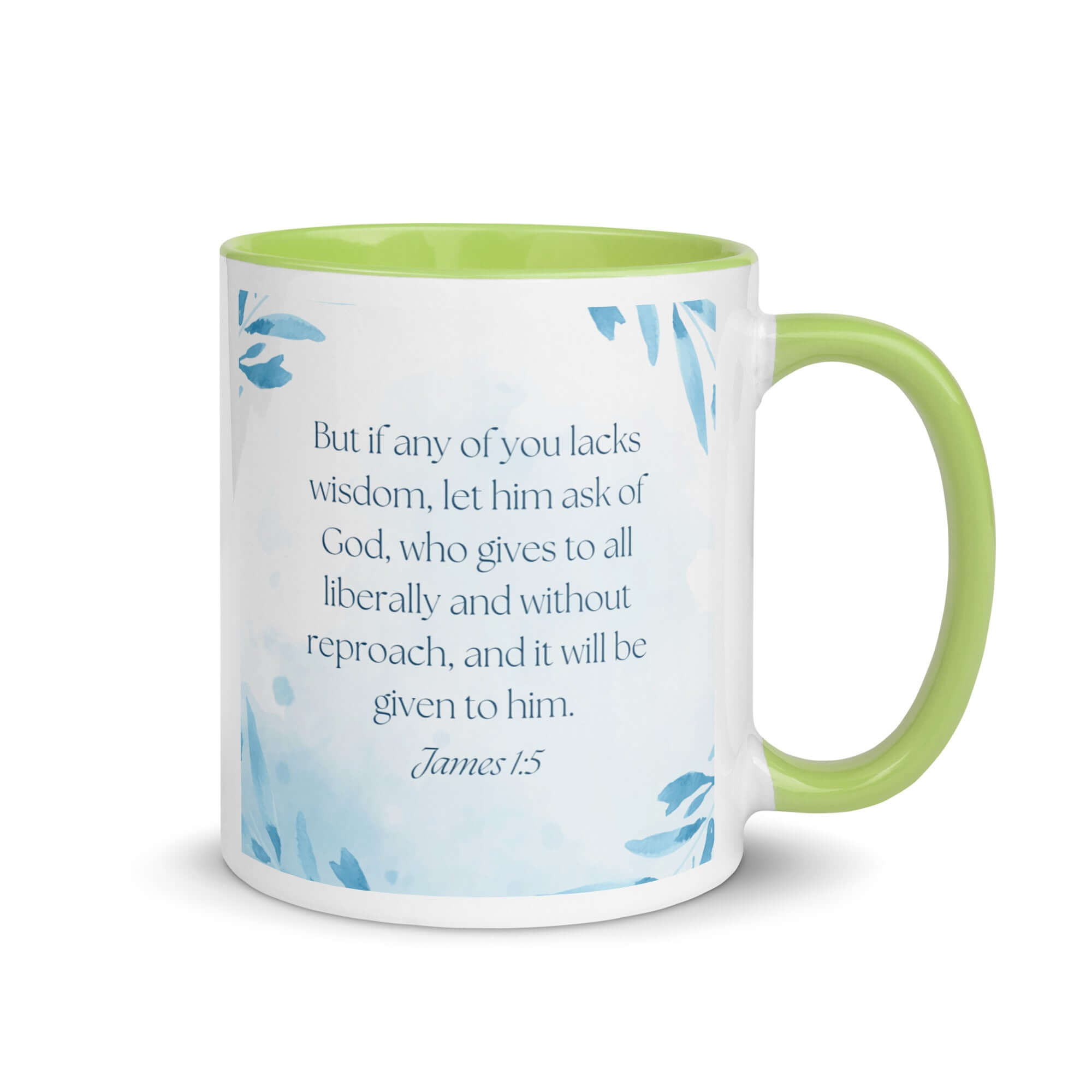 James 1:5 Bible Verse, lacks wisdom White Ceramic Mug with Color Inside Green 11 oz