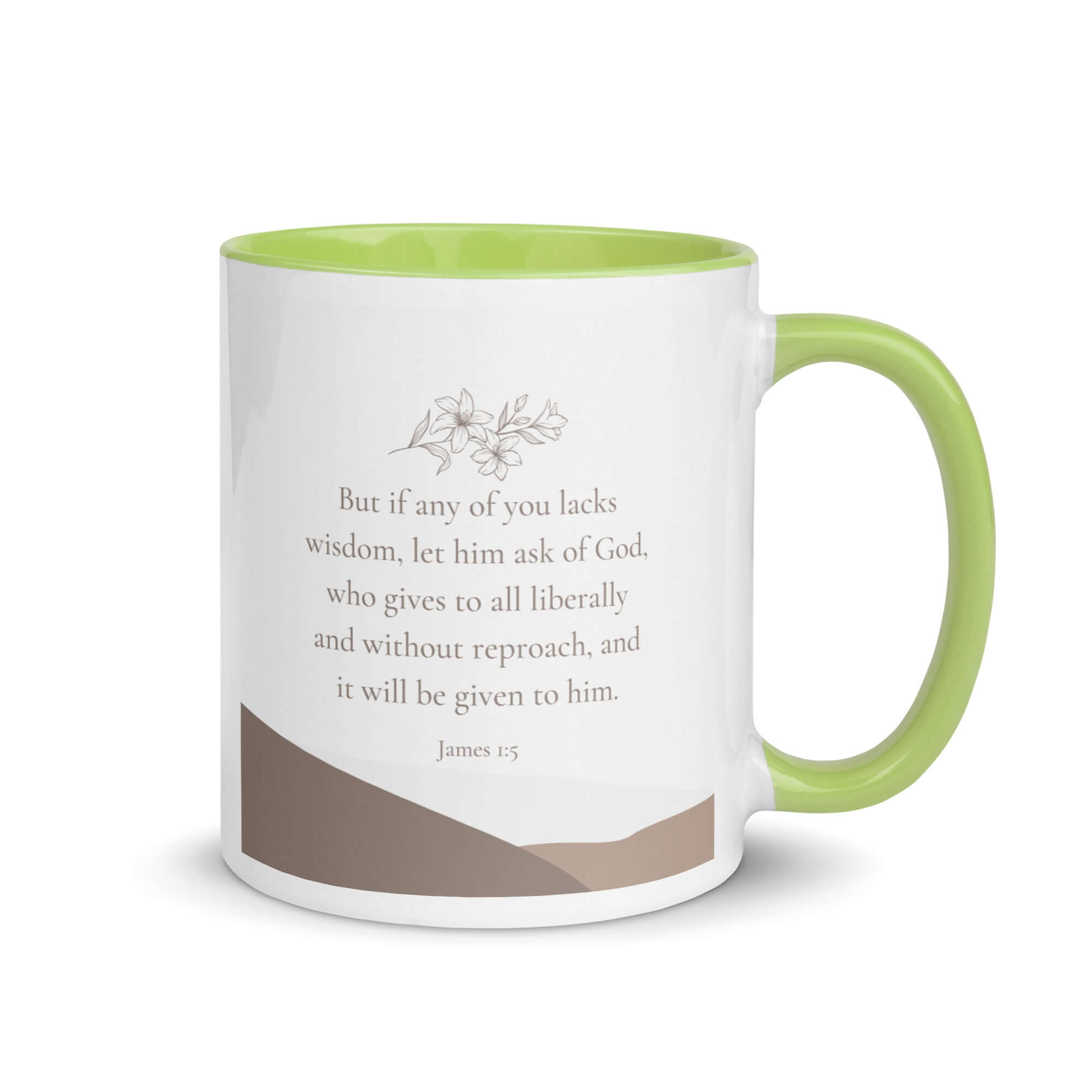 James 1:5 Bible Verse, ask of God White Ceramic Mug with Color Inside Green 11 oz