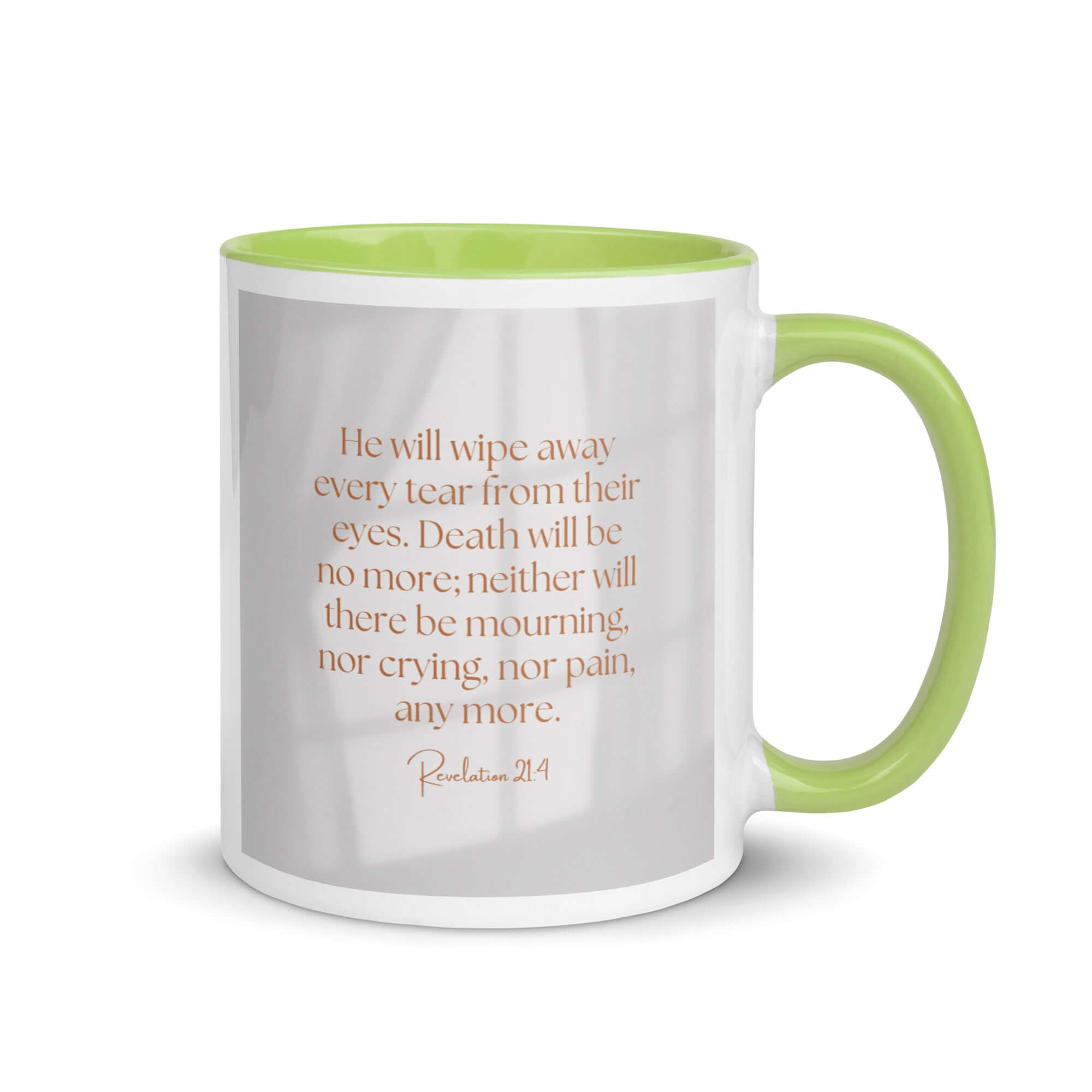 Revelation 21:4 Bible Verse, He will wipe White Ceramic Mug with Color Inside Green 11 oz