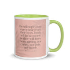 Revelation 21:4 Bible Verse, their eyes White Ceramic Mug with Color Inside Green 11 oz