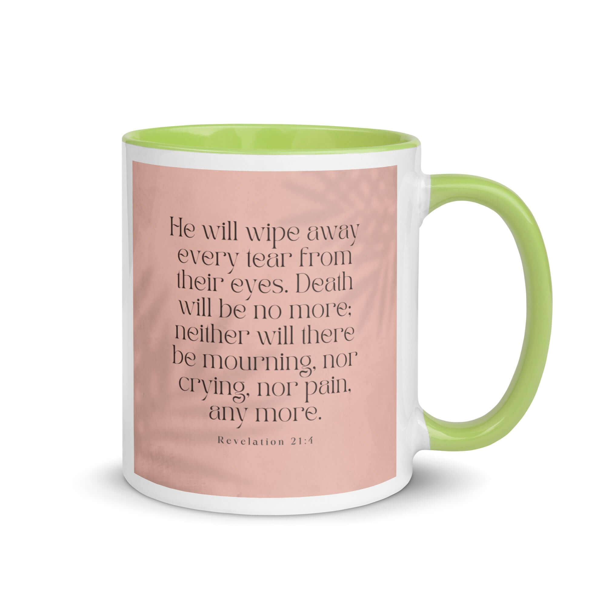 Revelation 21:4 Bible Verse, their eyes White Ceramic Mug with Color Inside Green 11 oz