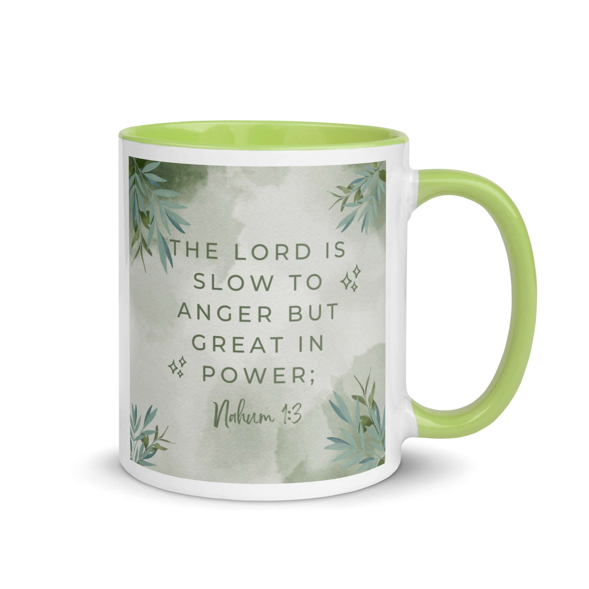 Nahum 1:3 Bible Verse, The Lord is slow White Ceramic Mug with Color Inside Green 11 oz