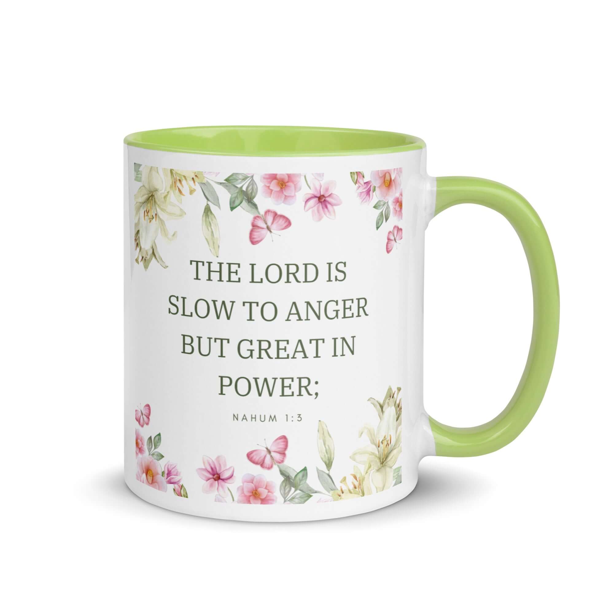 Nahum 1:3 Bible Verse, slow to anger White Ceramic Mug with Color Inside Green 11 oz