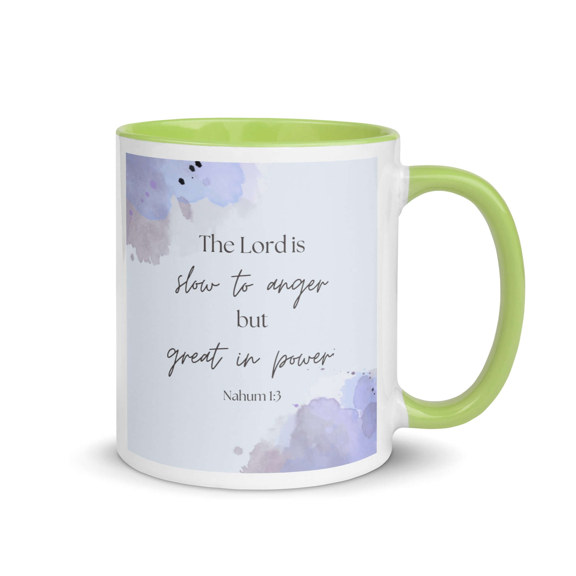 Nahum 1:3 Bible Verse, great in power White Ceramic Mug with Color Inside Green 11 oz