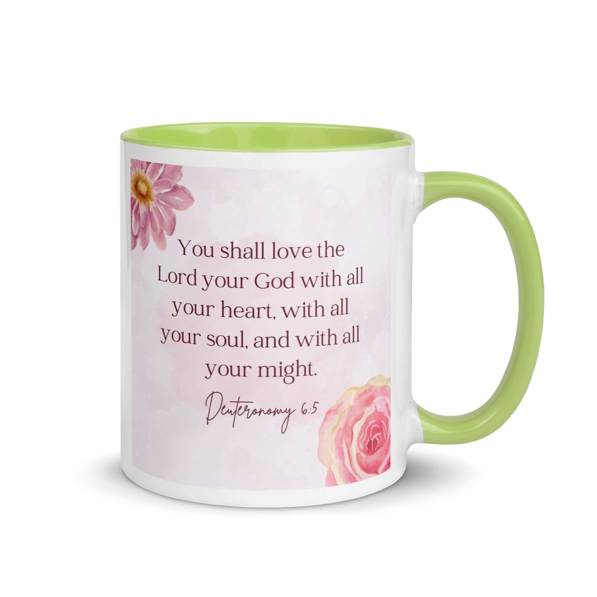 Deuteronomy 6:5 Bible Verse, the Lord White Ceramic Mug with Color Inside Green 11 oz
