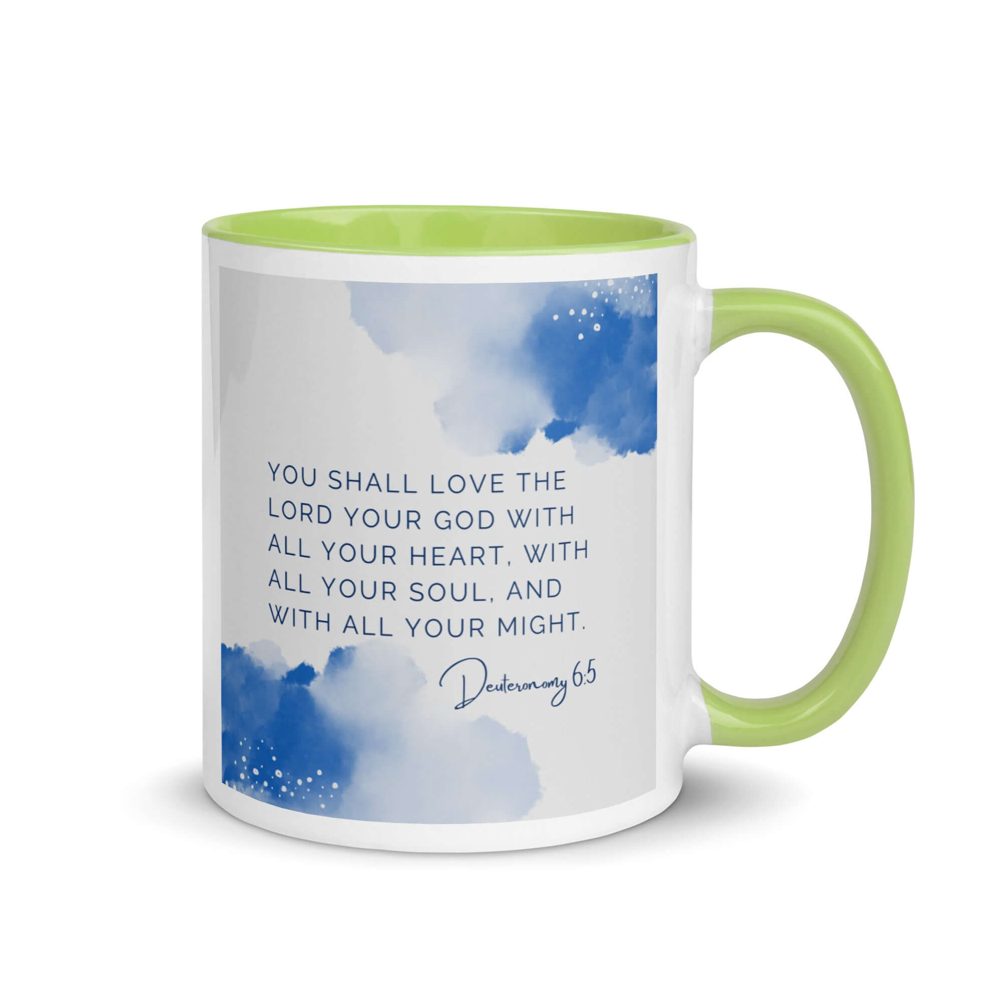 Deuteronomy 6:5 Bible Verse, your God White Ceramic Mug with Color Inside Green 11 oz