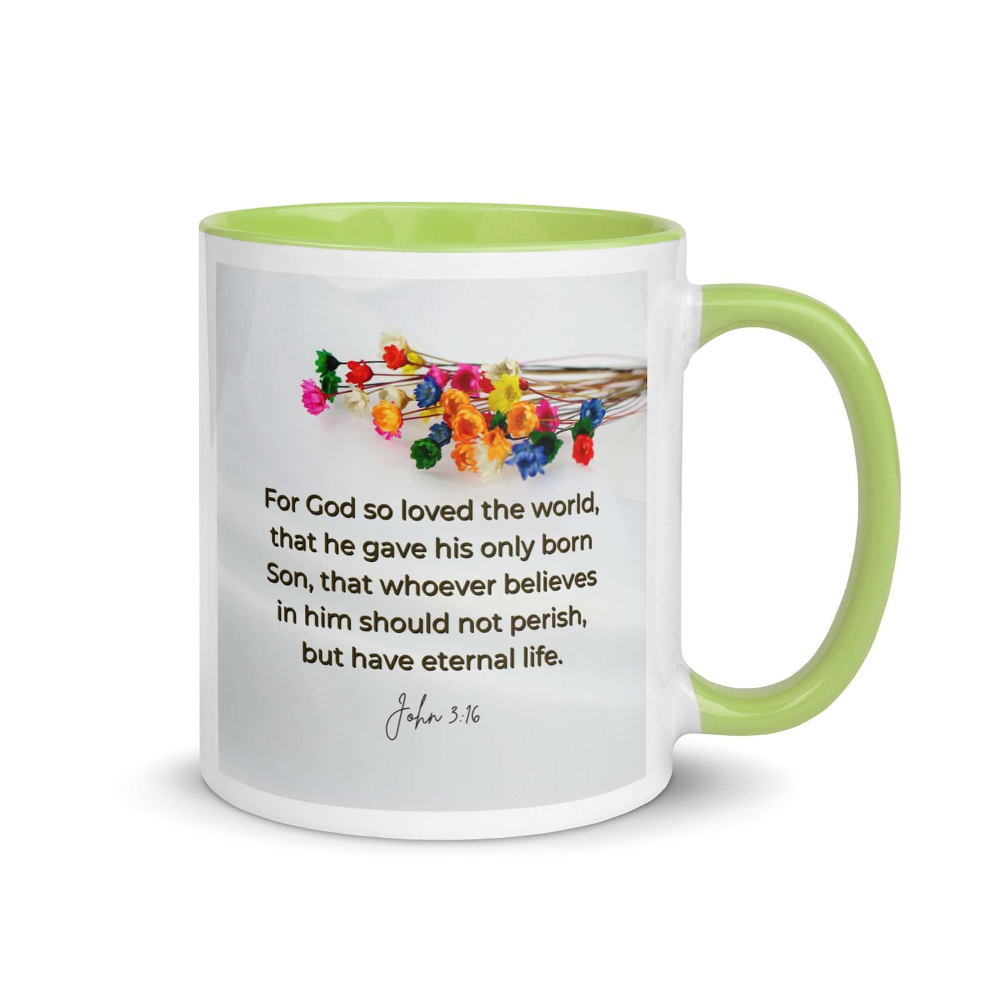 John 3:16 Bible Verse, He gave His Son White Ceramic Mug with Color Inside Green 11 oz