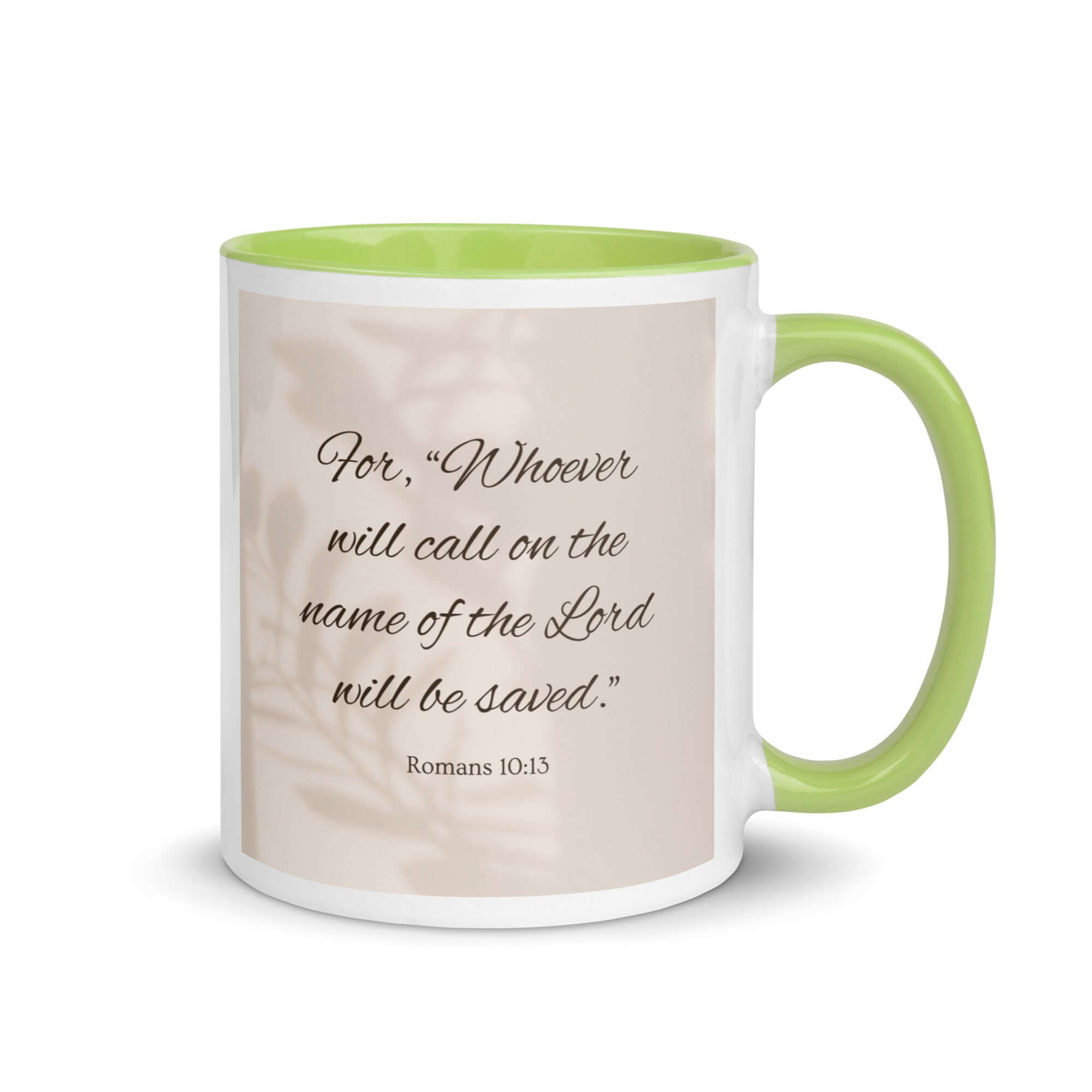 Romans 10:13 Bible Verse, Whoever White Ceramic Mug with Color Inside Green 11 oz