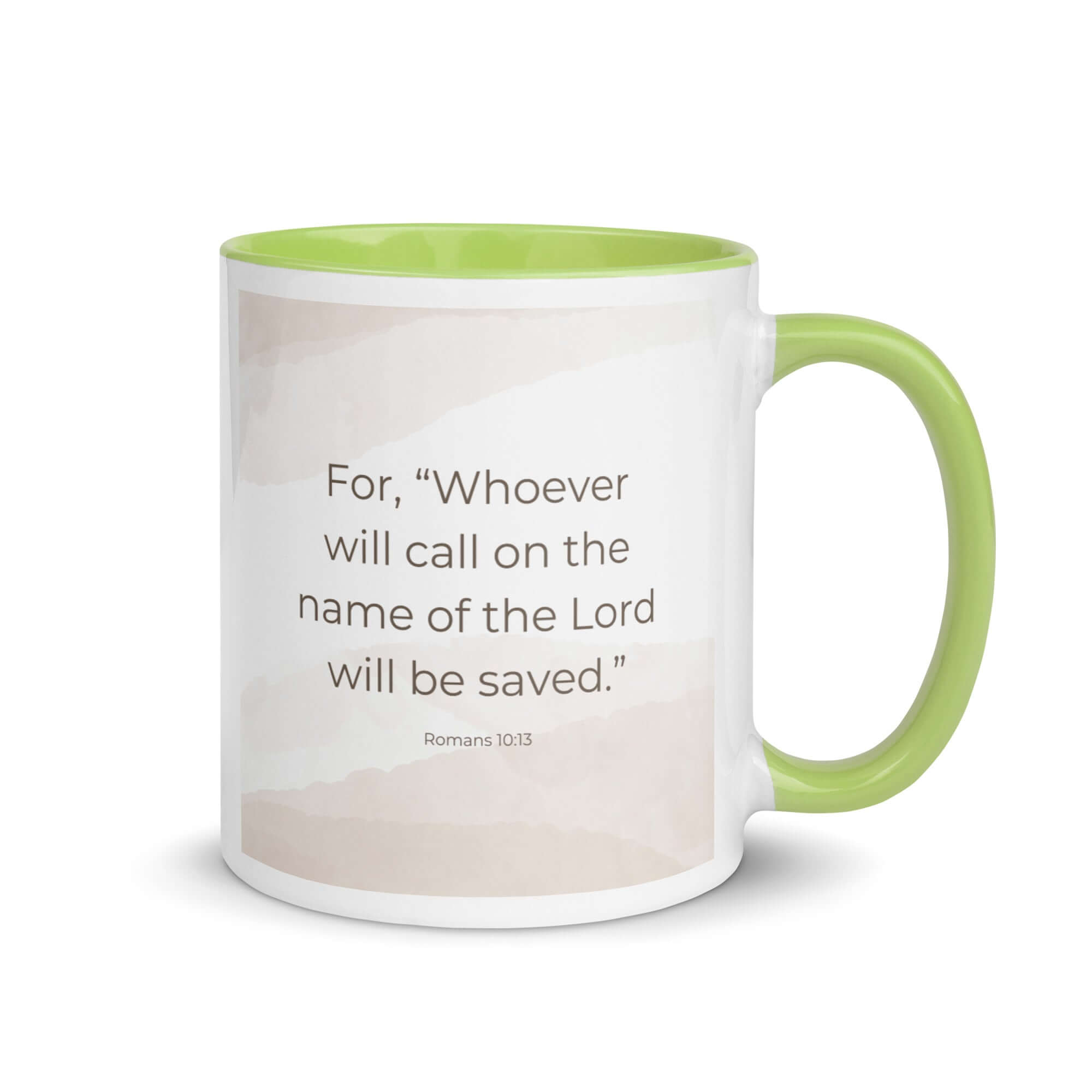 Romans 10:13 Bible Verse, the name White Ceramic Mug with Color Inside Green 11 oz