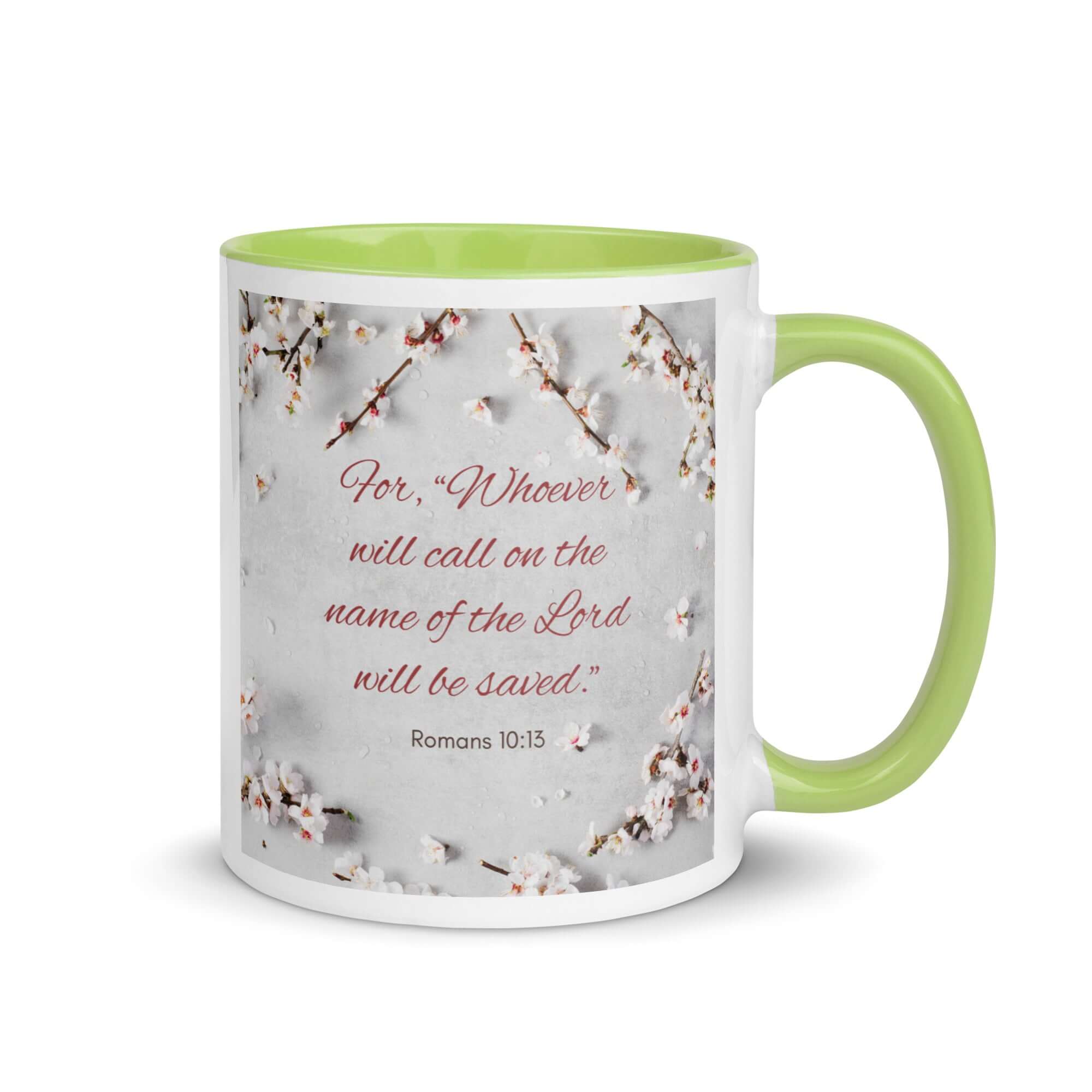 Romans 10:13 Bible Verse, the Lord White Ceramic Mug with Color Inside Green 11 oz