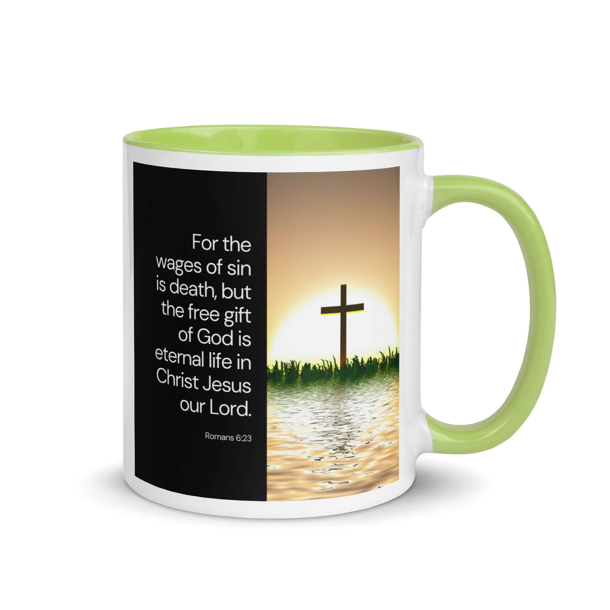 Romans 6:23 Bible Verse, the wages White Ceramic Mug with Color Inside Green 11 oz