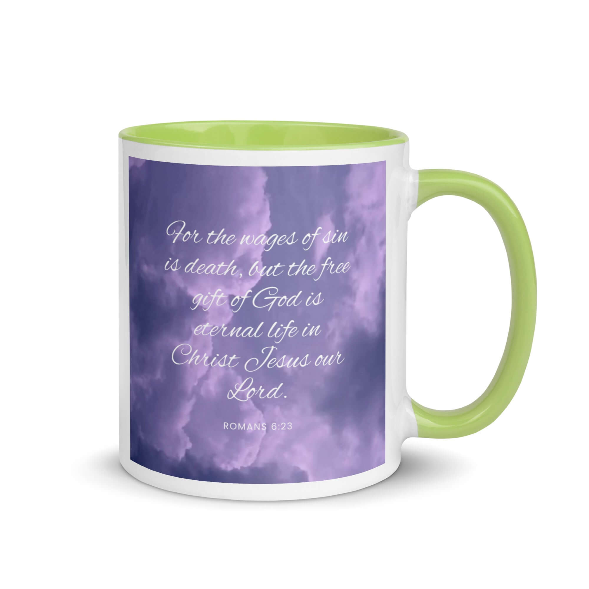 Romans 6:23 Bible Verse, free gift White Ceramic Mug with Color Inside Green 11 oz