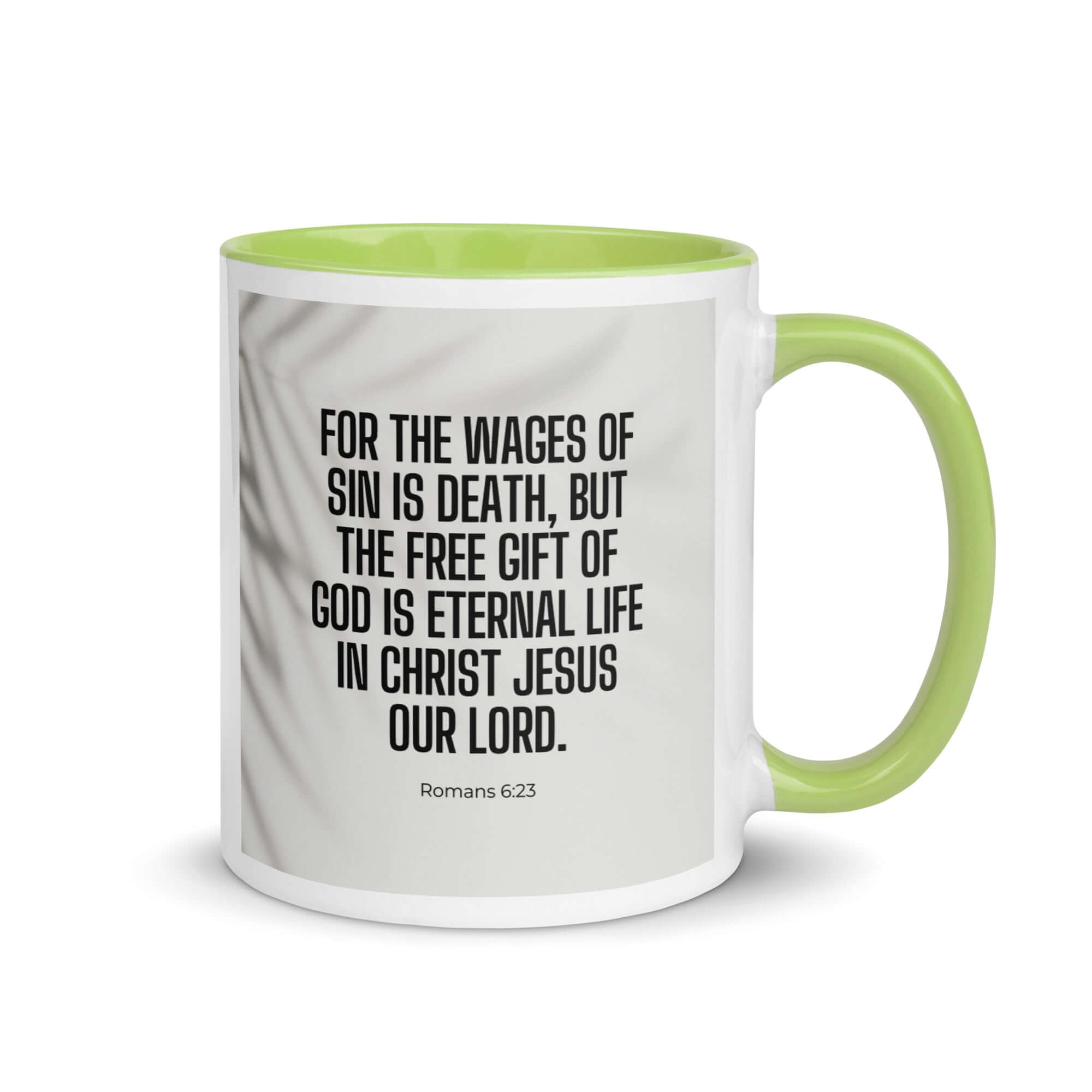Romans 6:23 Bible Verse, eternal life White Ceramic Mug with Color Inside Green 11 oz