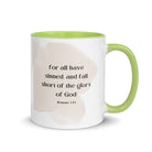 Romans 3:23 Bible Verse, fall short White Ceramic Mug with Color Inside Green 11 oz