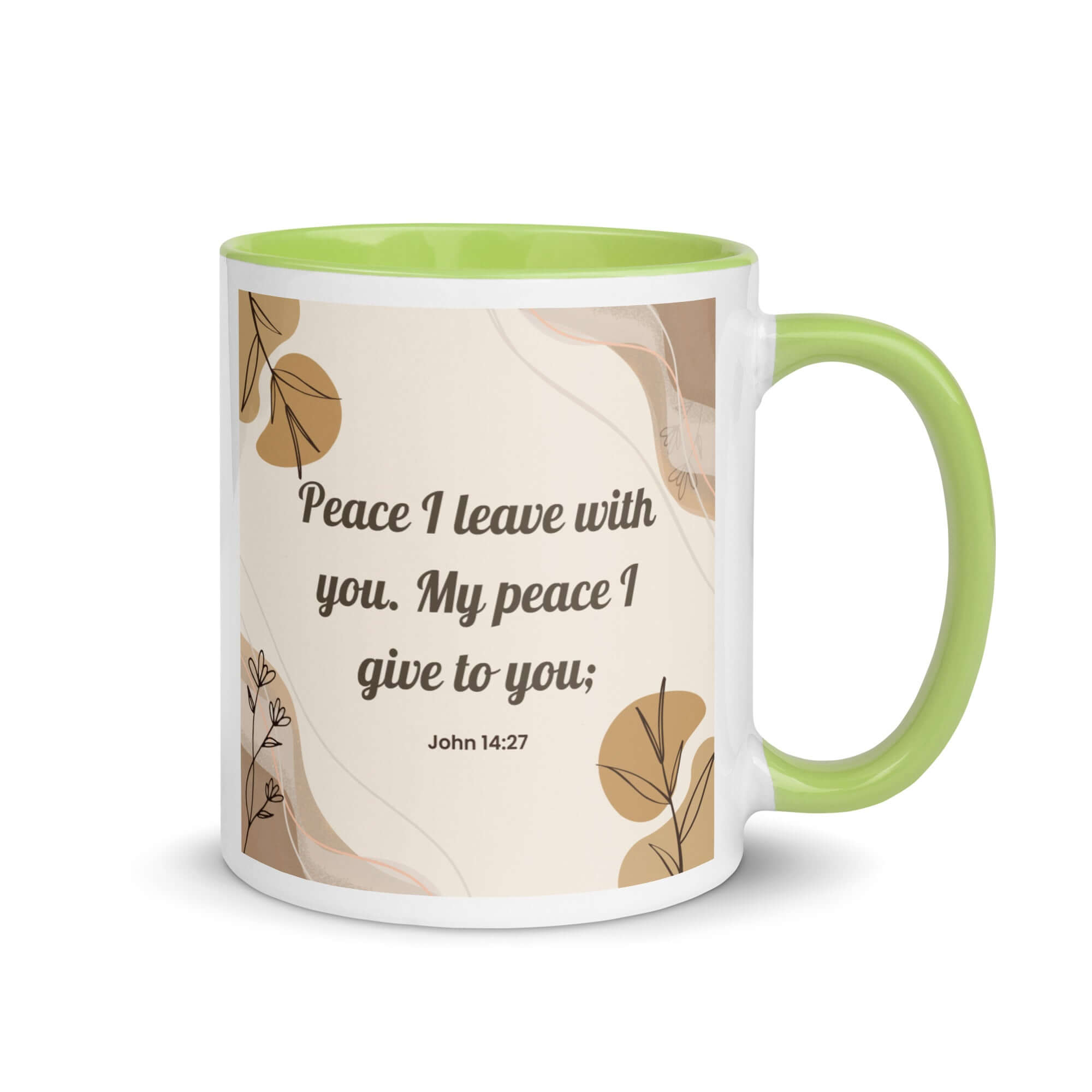 John 14:27 Bible Verse, Peace I White Ceramic Mug with Color Inside Green 11 oz