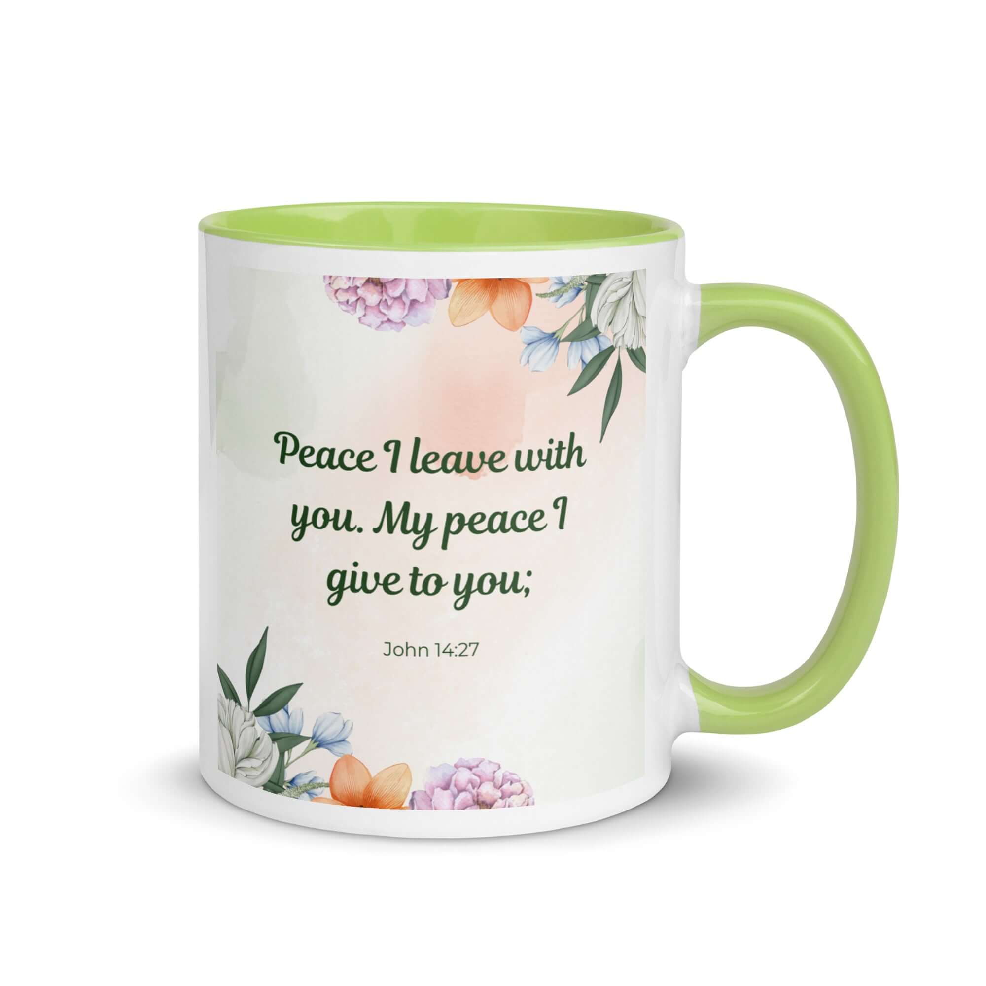 John 14:27 Bible Verse, with you White Ceramic Mug with Color Inside Green 11 oz