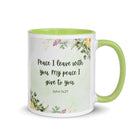John 14:27 Bible Verse, My peace White Ceramic Mug with Color Inside Green 11 oz