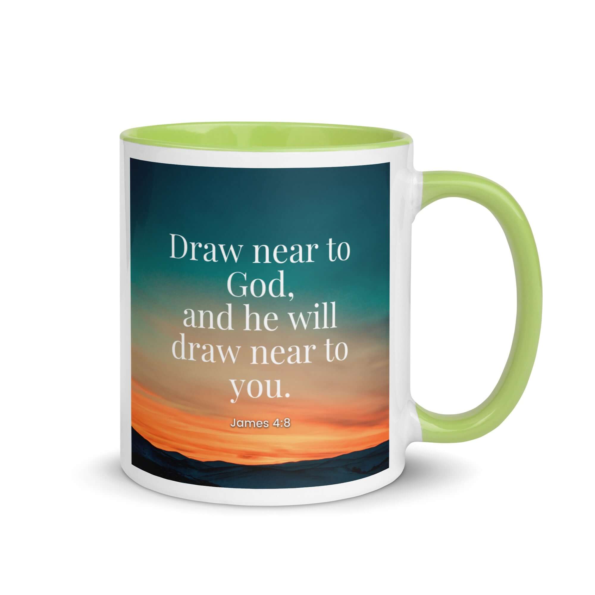 James 4:8 Bible Verse, near to God White Ceramic Mug with Color Inside Green 11 oz