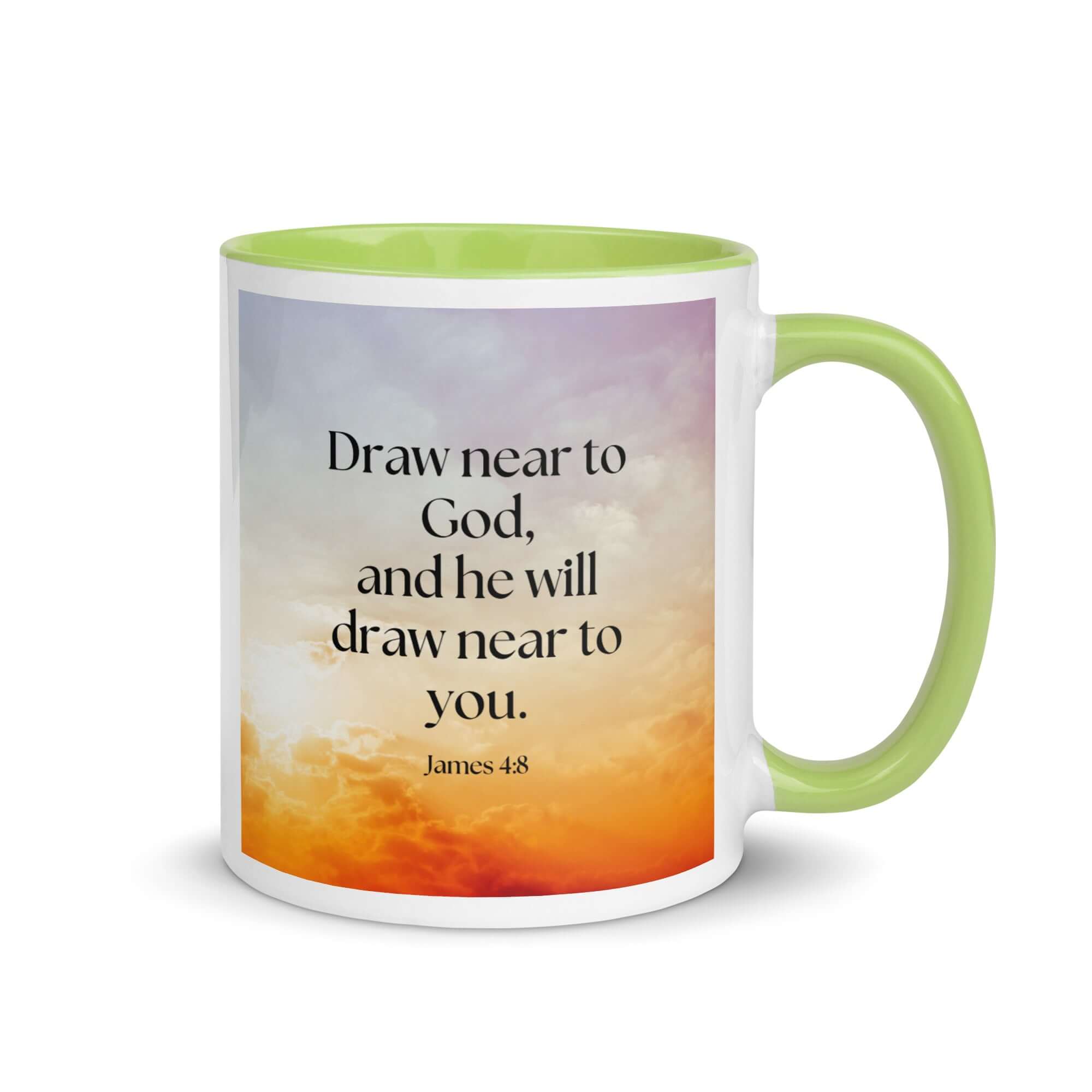 James 4:8 Bible Verse, he will draw White Ceramic Mug with Color Inside Green 11 oz