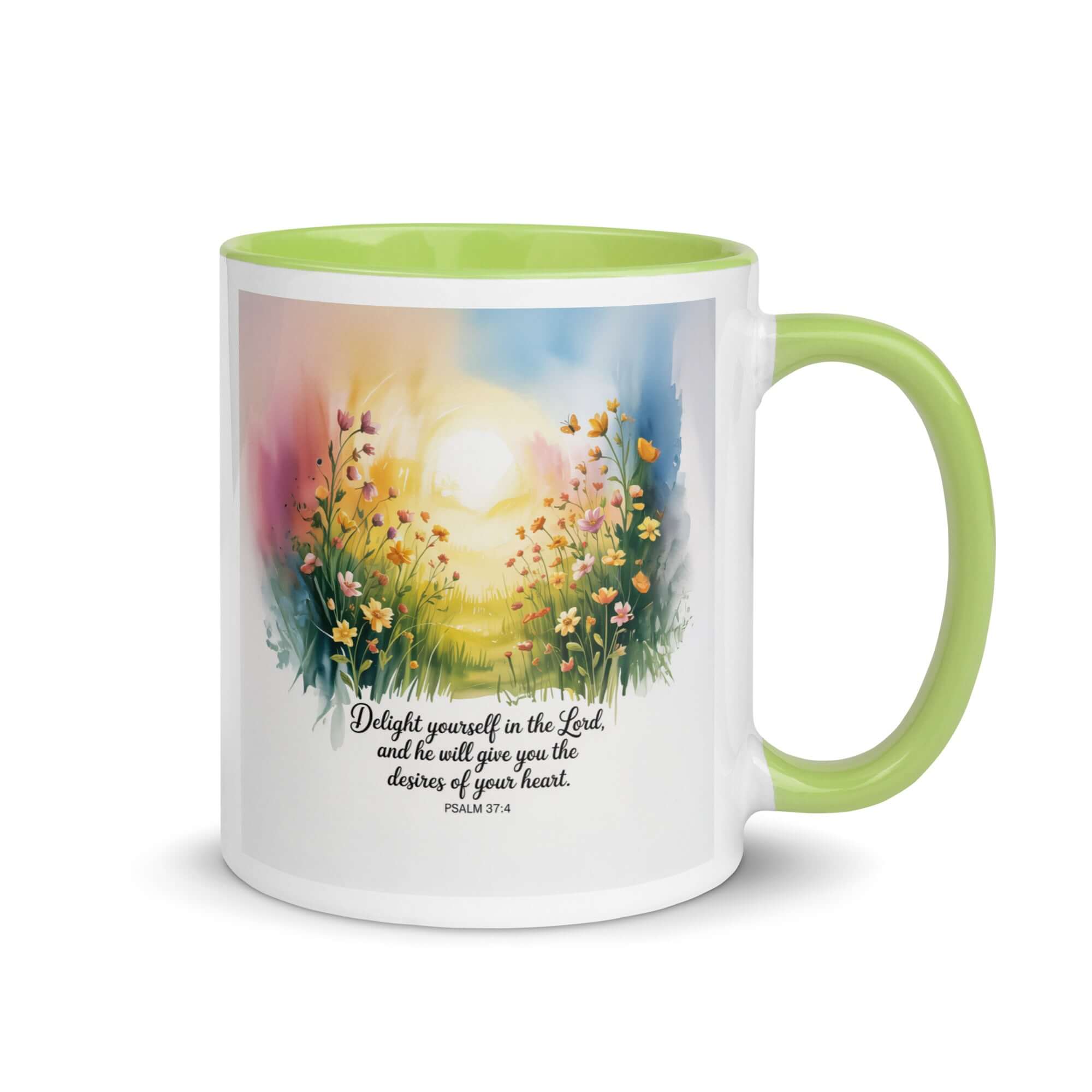 Psalm 37:4 Bible Verse, will give White Ceramic Mug with Color Inside Green 11 oz