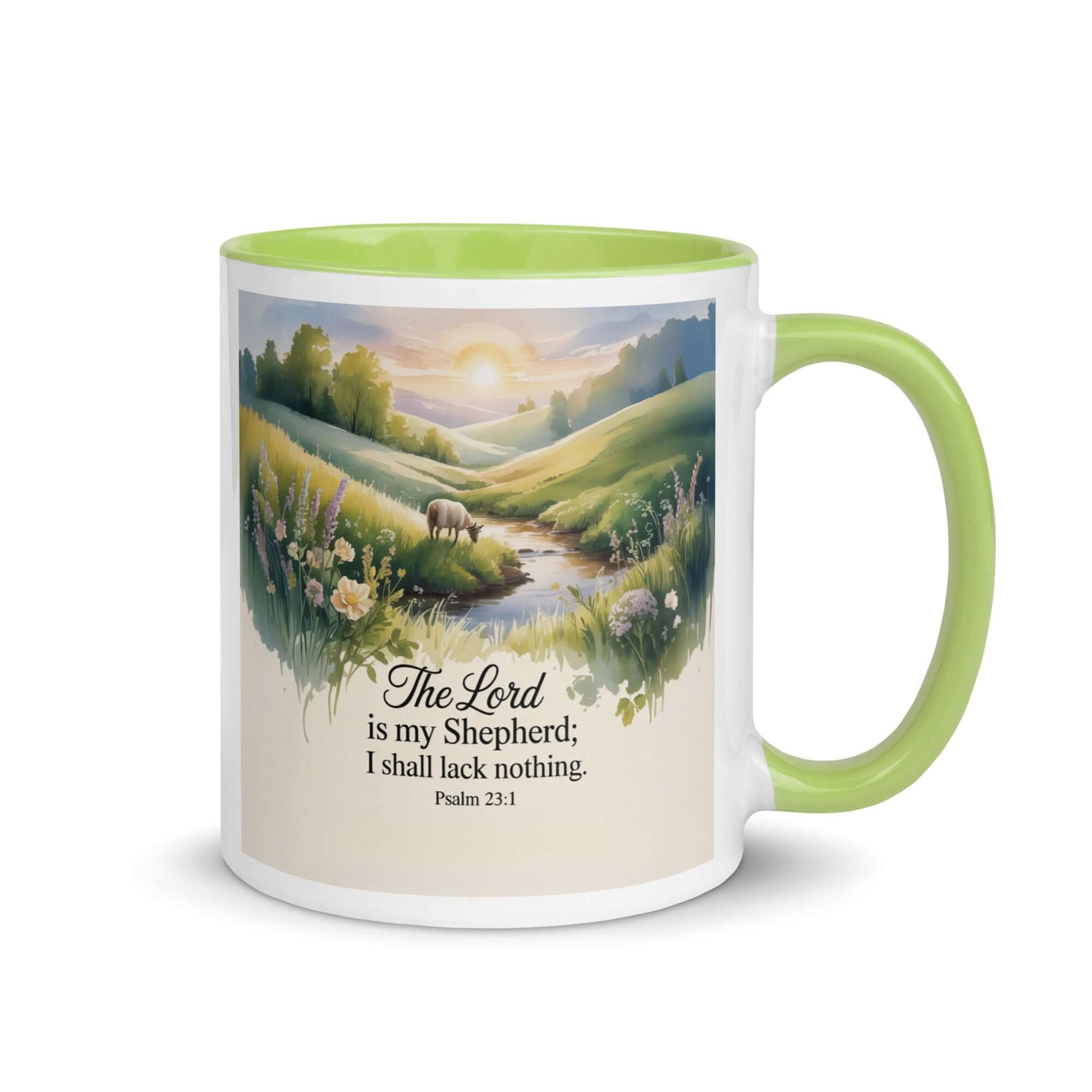 Psalm 23:1 Bible Verse, Lord White Ceramic Mug with Color Inside Green 11 oz