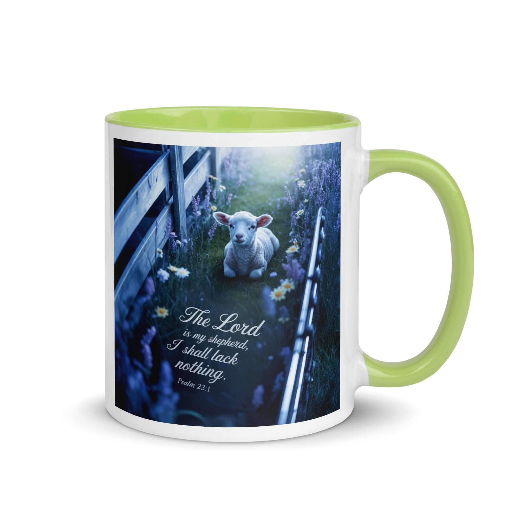 Psalm 23:1 Bible Verse, Shepherd White Ceramic Mug with Color Inside Green 11 oz