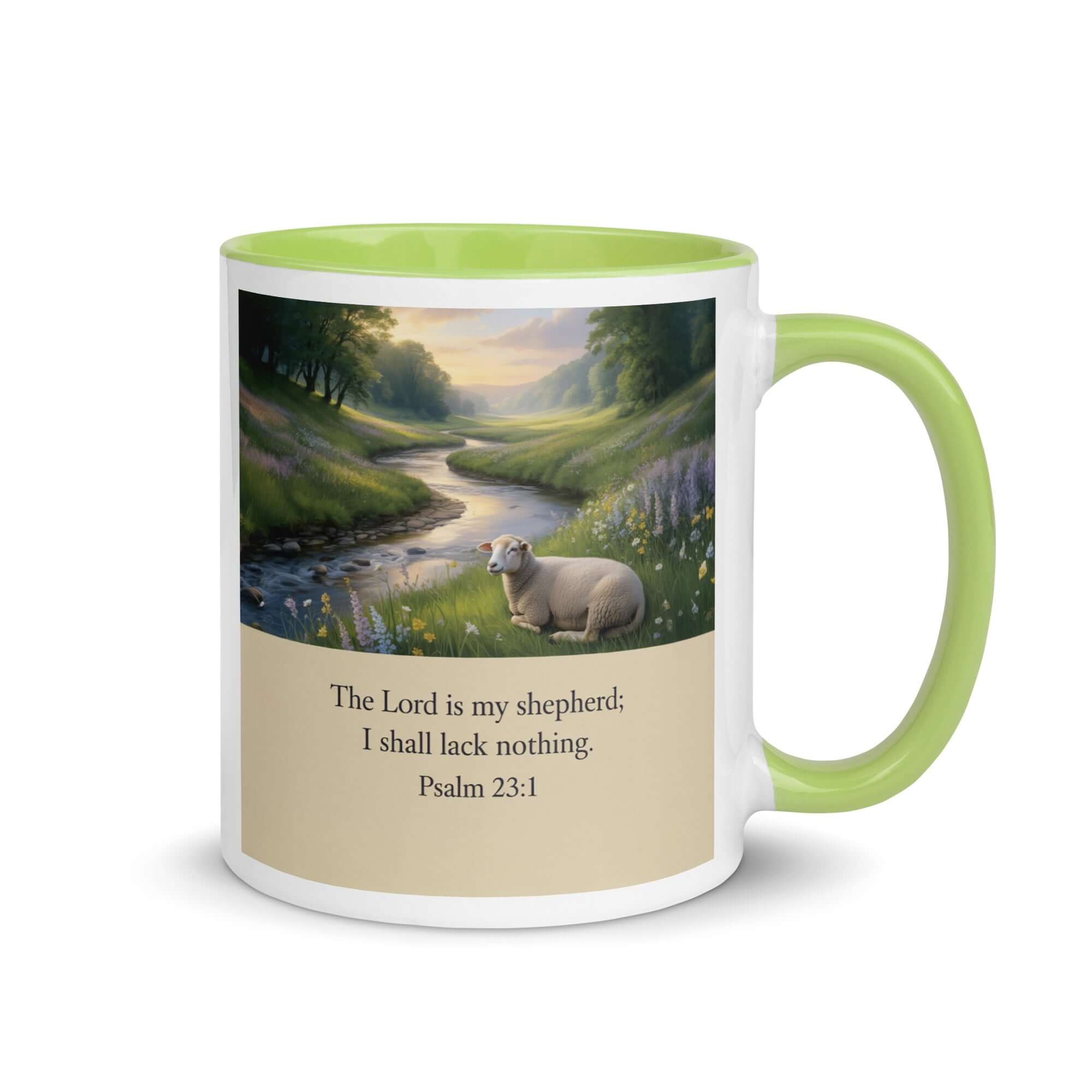 Psalm 23:1 Bible Verse, I shall White Ceramic Mug with Color Inside Green 11 oz