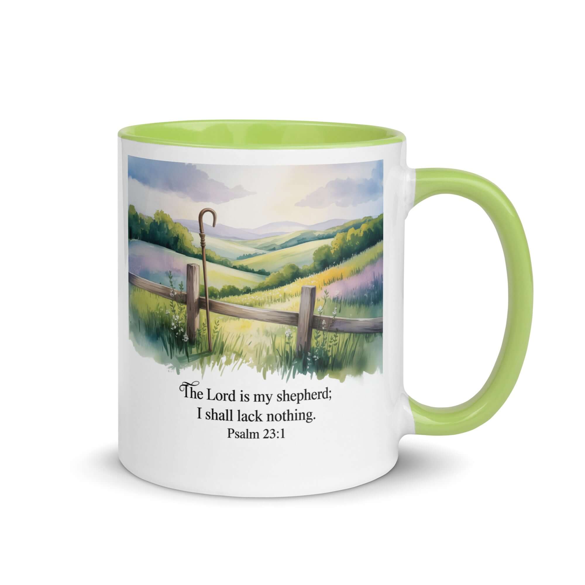 Psalm 23:1 Bible Verse, Lack White Ceramic Mug with Color Inside Green 11 oz