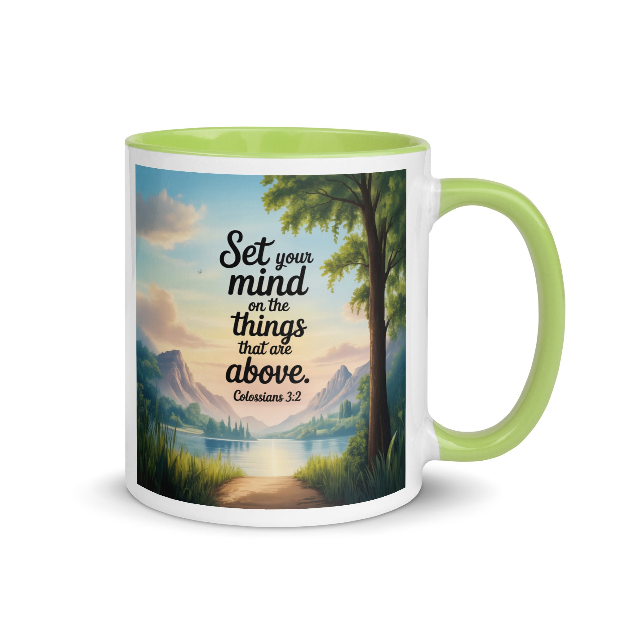 Colossians 3:2 Bible Verse Set White Ceramic Mug with Color Inside Green 11 oz
