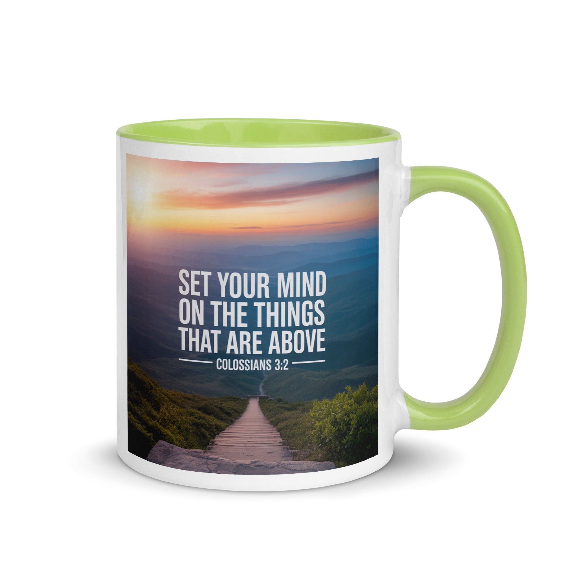 Colossians 3:2 Bible Verse your mind White Ceramic Mug with Color Inside Green 11 oz