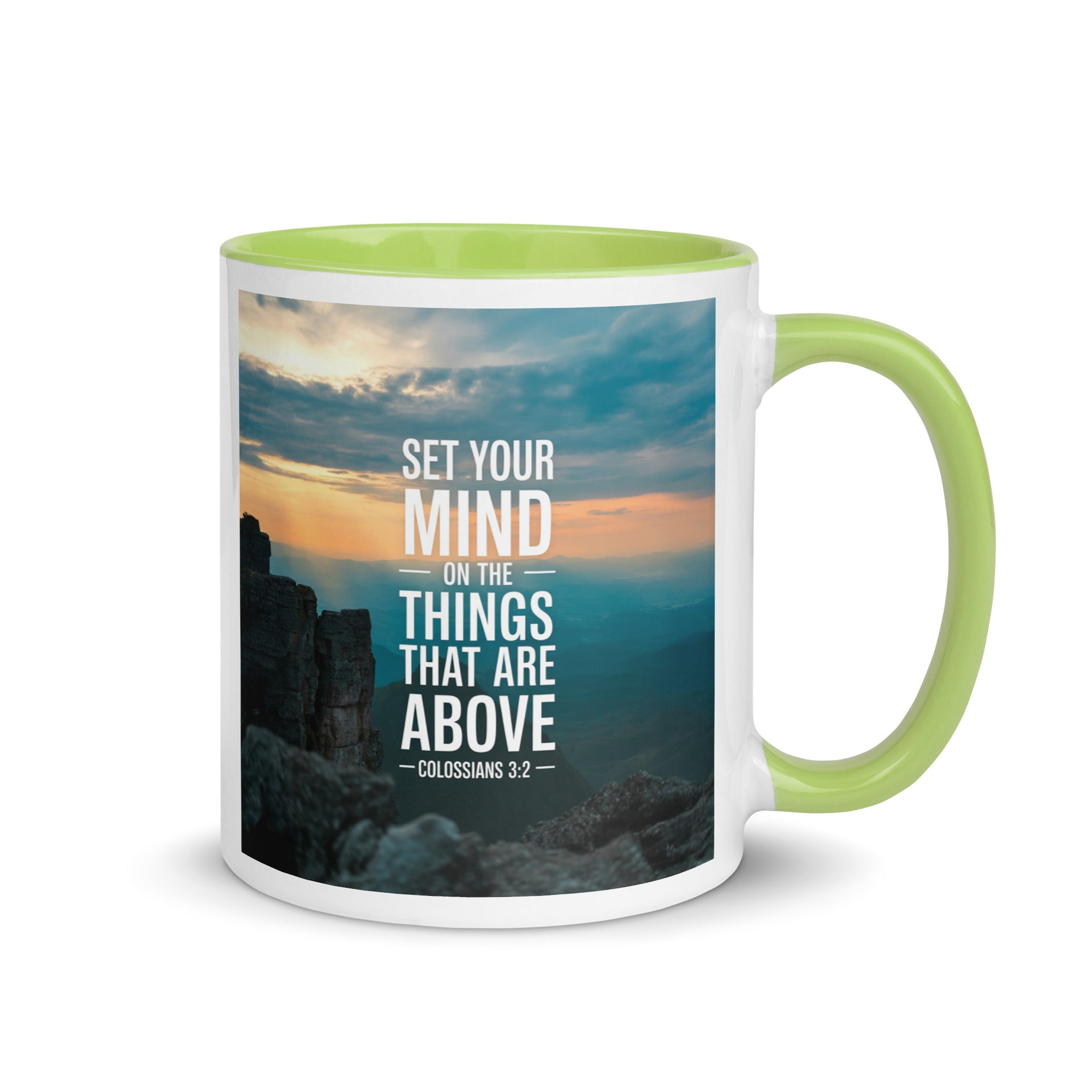 Colossians 3:2 Bible Verse on the White Ceramic Mug with Color Inside Green 11 oz