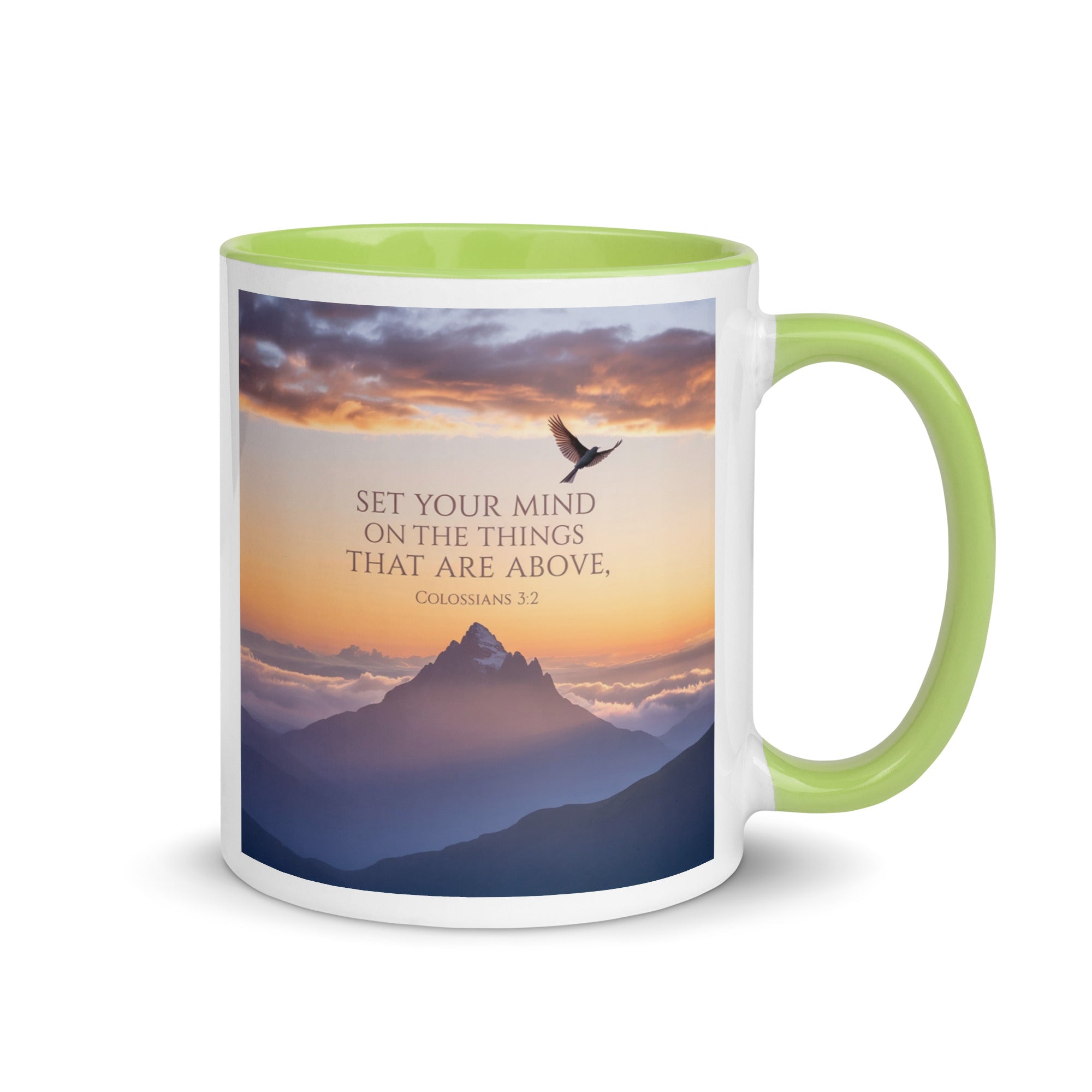 Colossians 3:2 Bible Verse are above White Ceramic Mug with Color Inside Green 11 oz