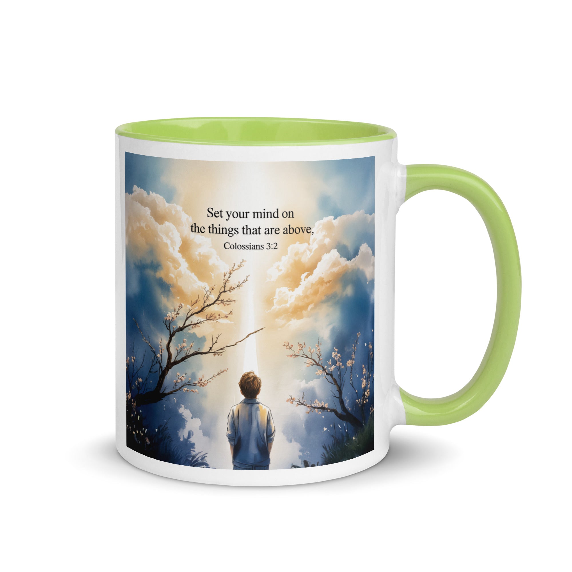 Colossians 3:2 Bible Verse the things White Ceramic Mug with Color Inside Green 11 oz