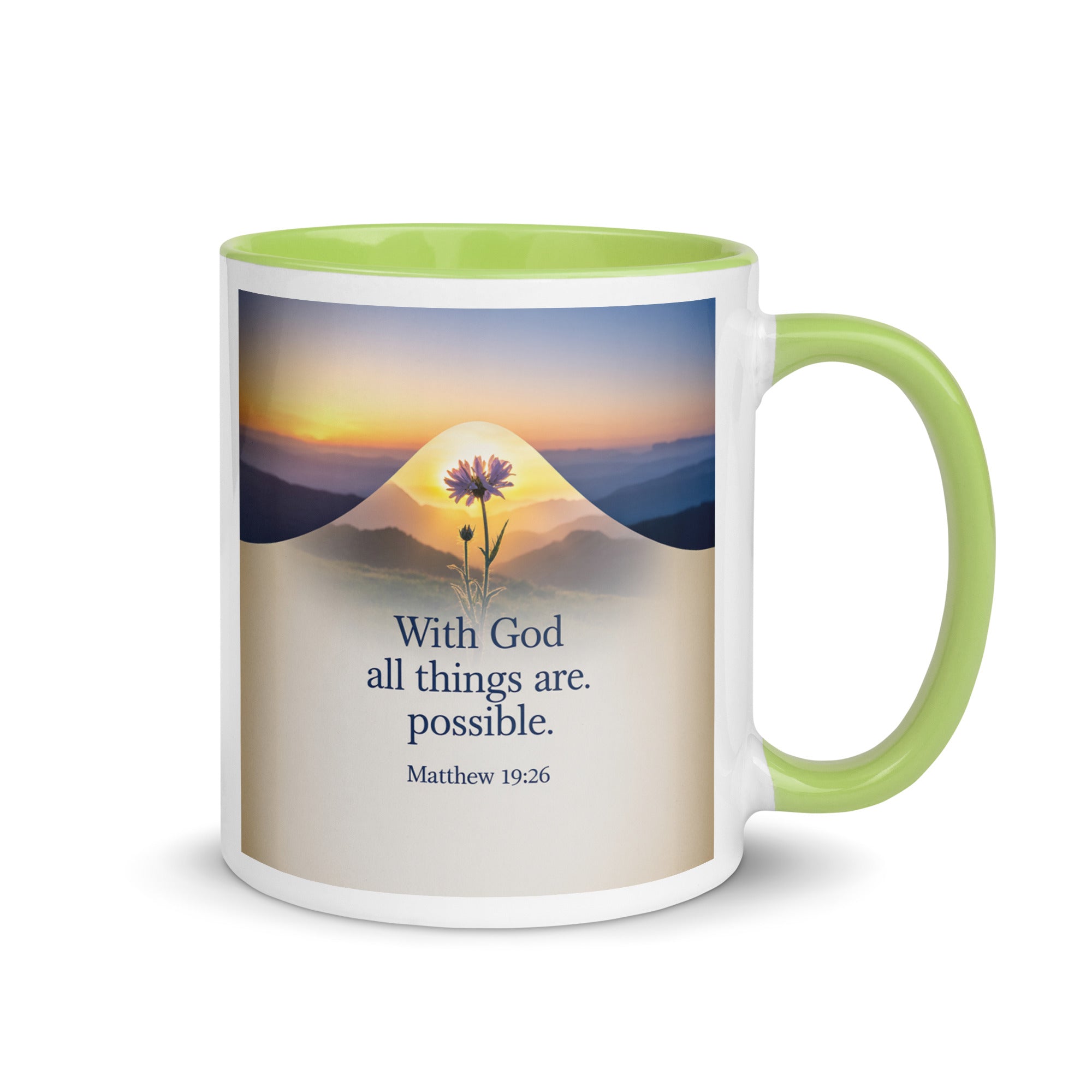 Matthew 19:26 Bible Verse at them White Ceramic Mug with Color Inside Green 11 oz