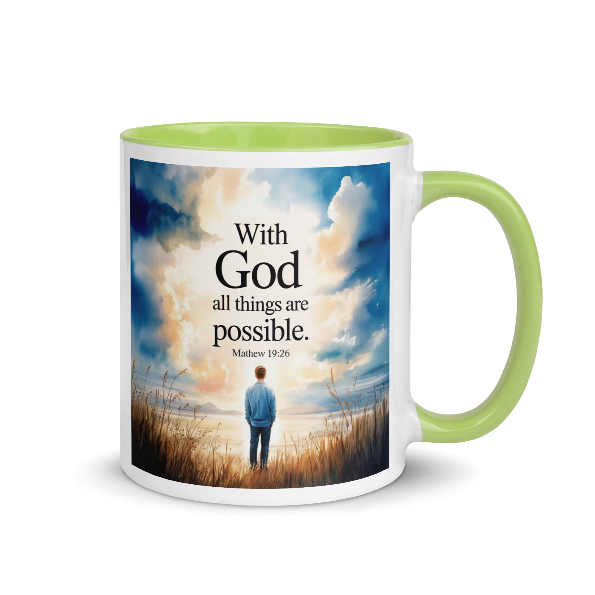 Matthew 19:26 Bible Verse Jesus White Ceramic Mug with Color Inside Green 11 oz