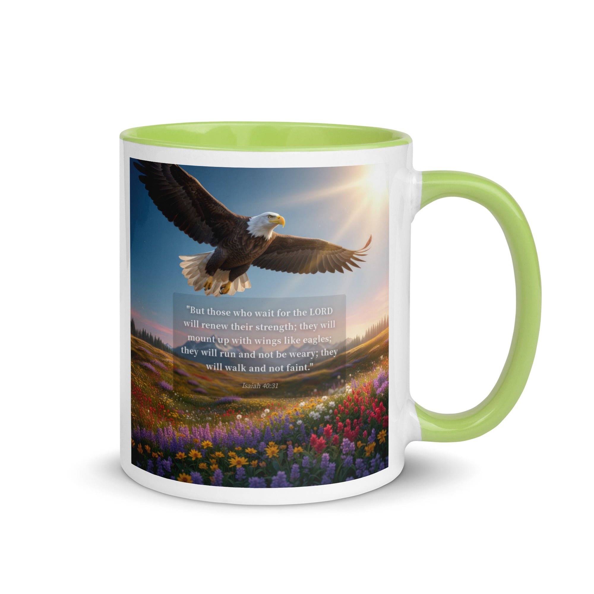Isaiah 40:31 Bible Verse Who Wait White Ceramic Mug with Color Inside Green 11 oz