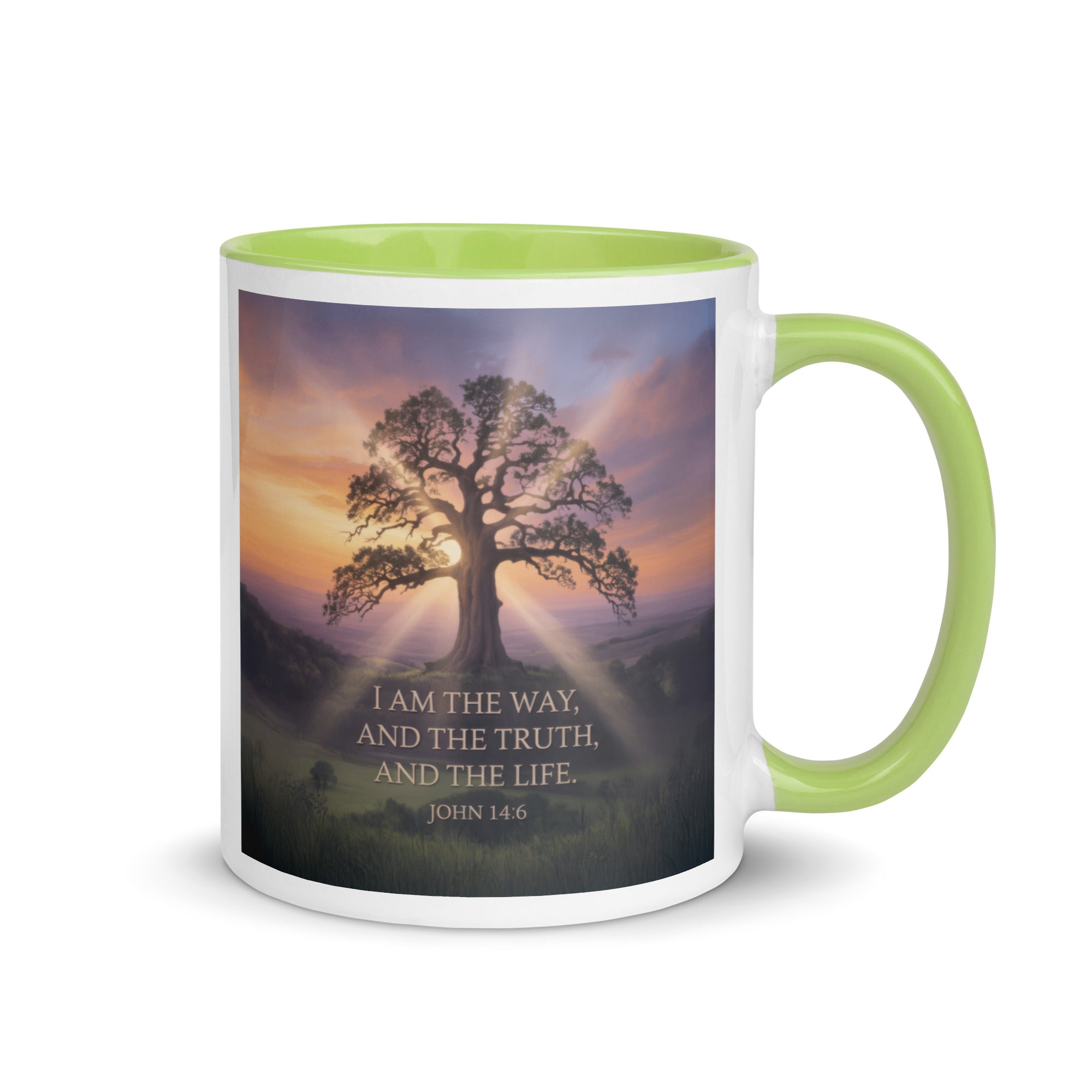John 14:6 Bible Verse Jesus said White Ceramic Mug with Color Inside Green 11 oz