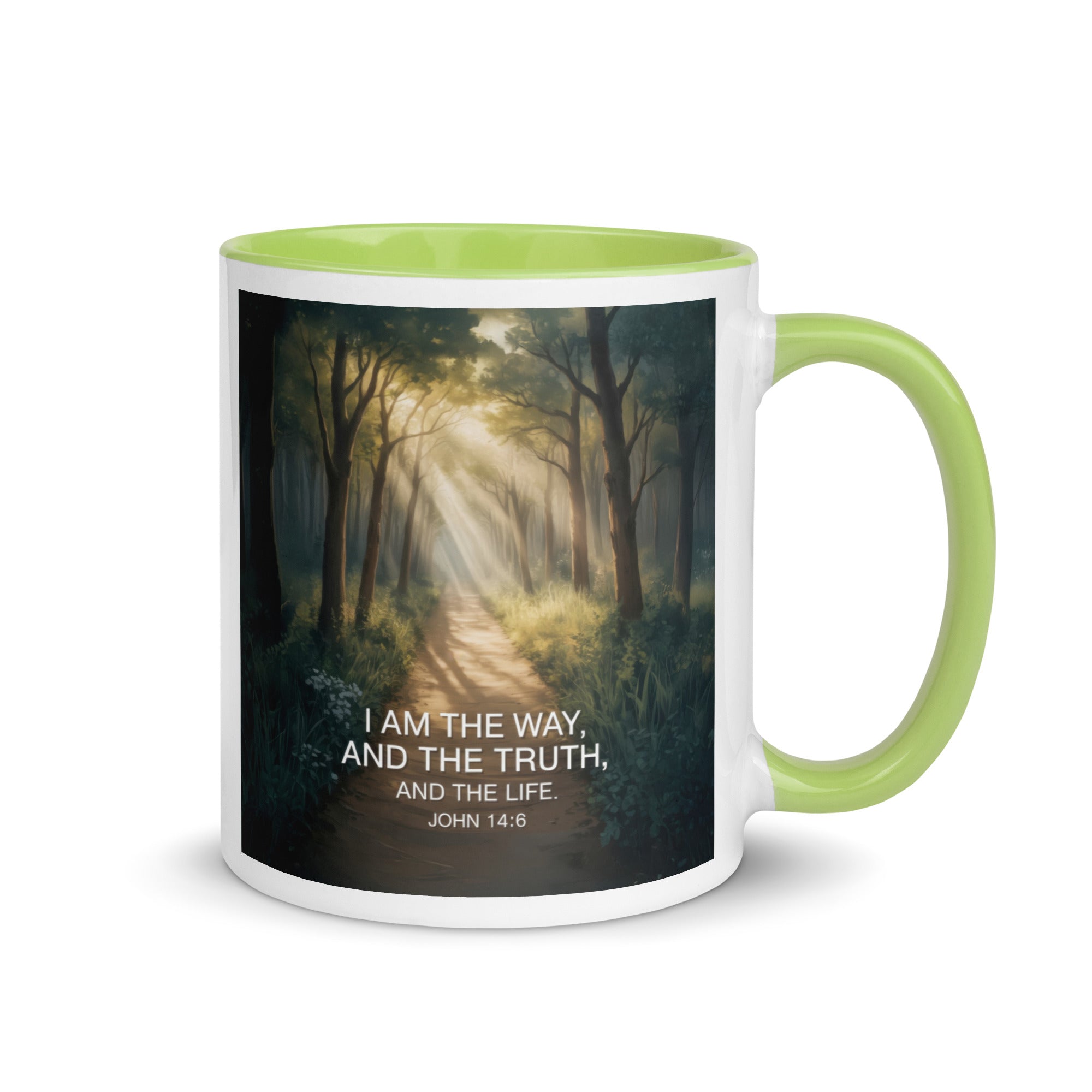 John 14:6 Bible Verse I Am White Ceramic Mug with Color Inside Green 11 oz