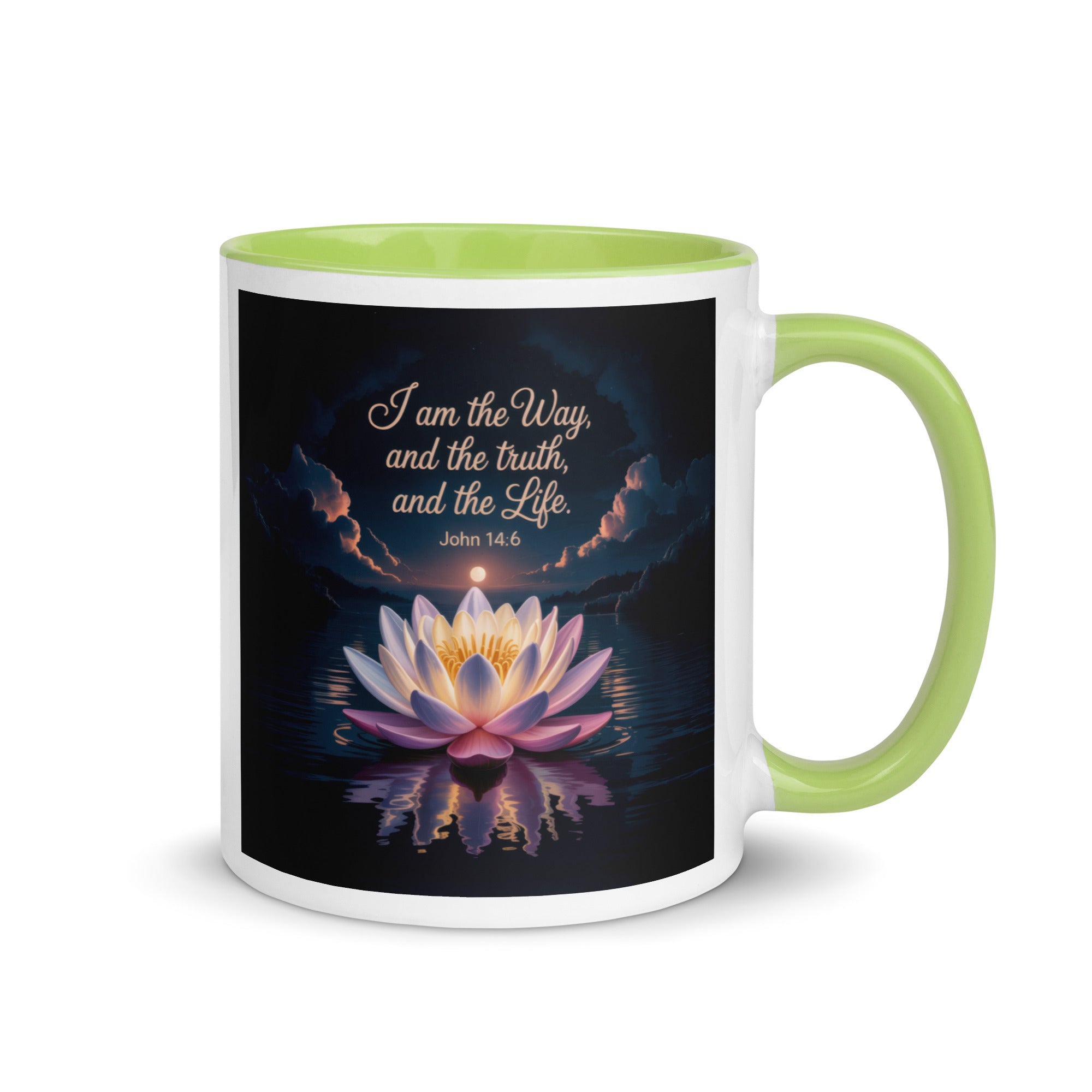 John 14:6 Bible Verse The Way White Ceramic Mug with Color Inside Green 11 oz