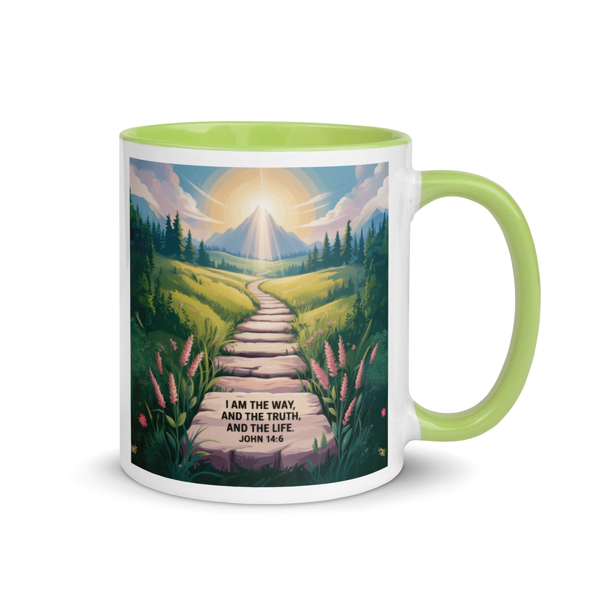 John 14:6 Bible Verse The Truth White Ceramic Mug with Color Inside Green 11 oz