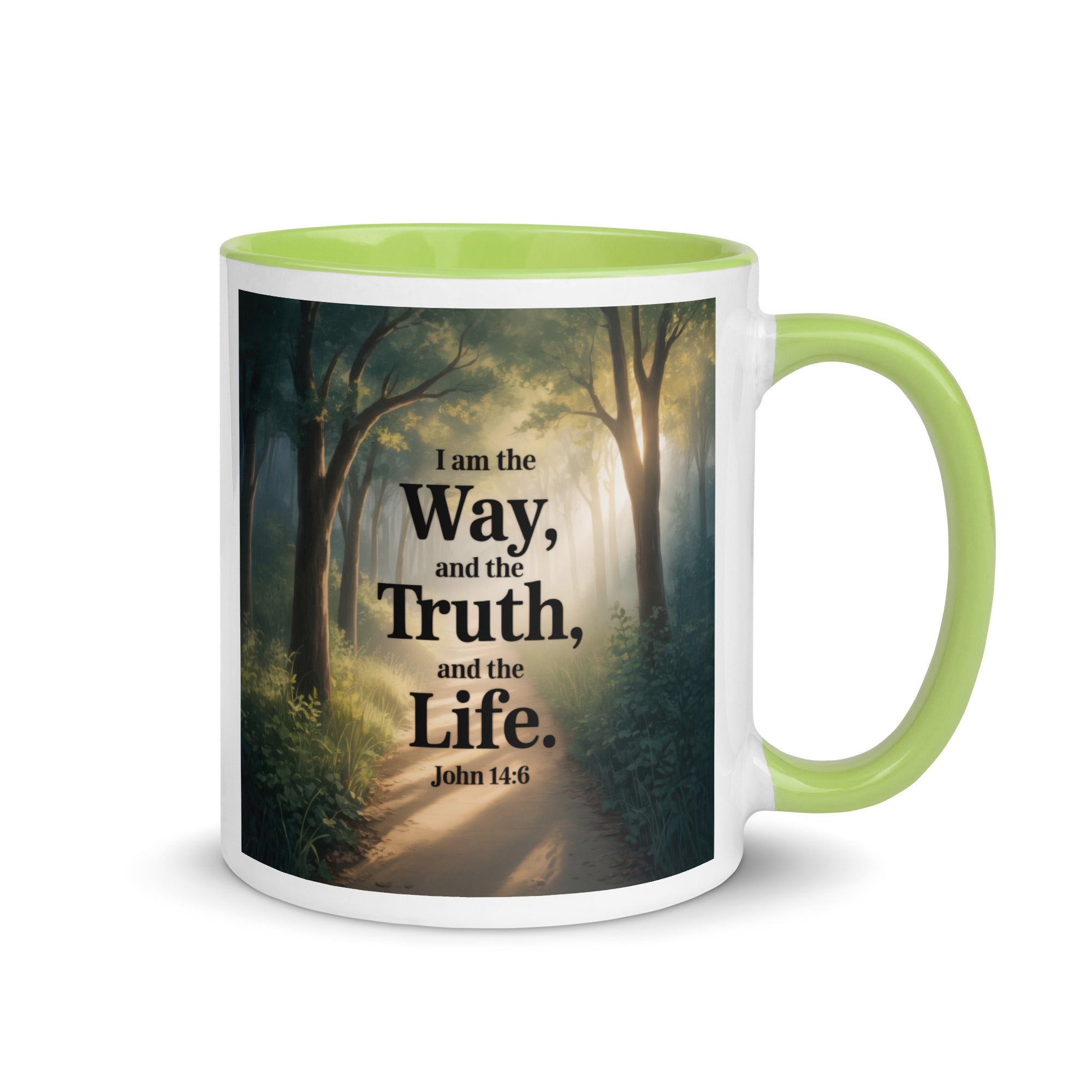 John 14:6 Bible Verse The Life White Ceramic Mug with Color Inside Green 11 oz