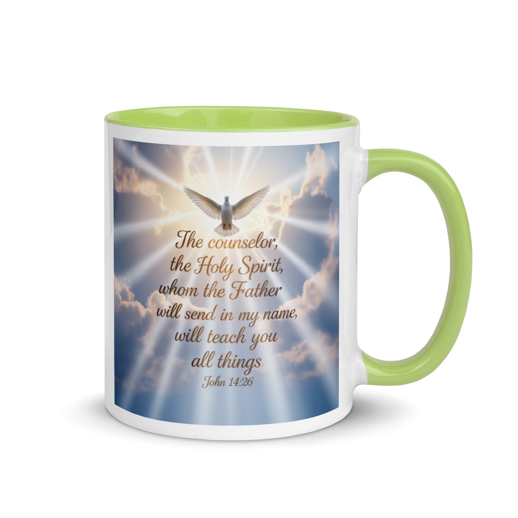 John 14:26 Bible Verse Father White Ceramic Mug with Color Inside Green 11 oz