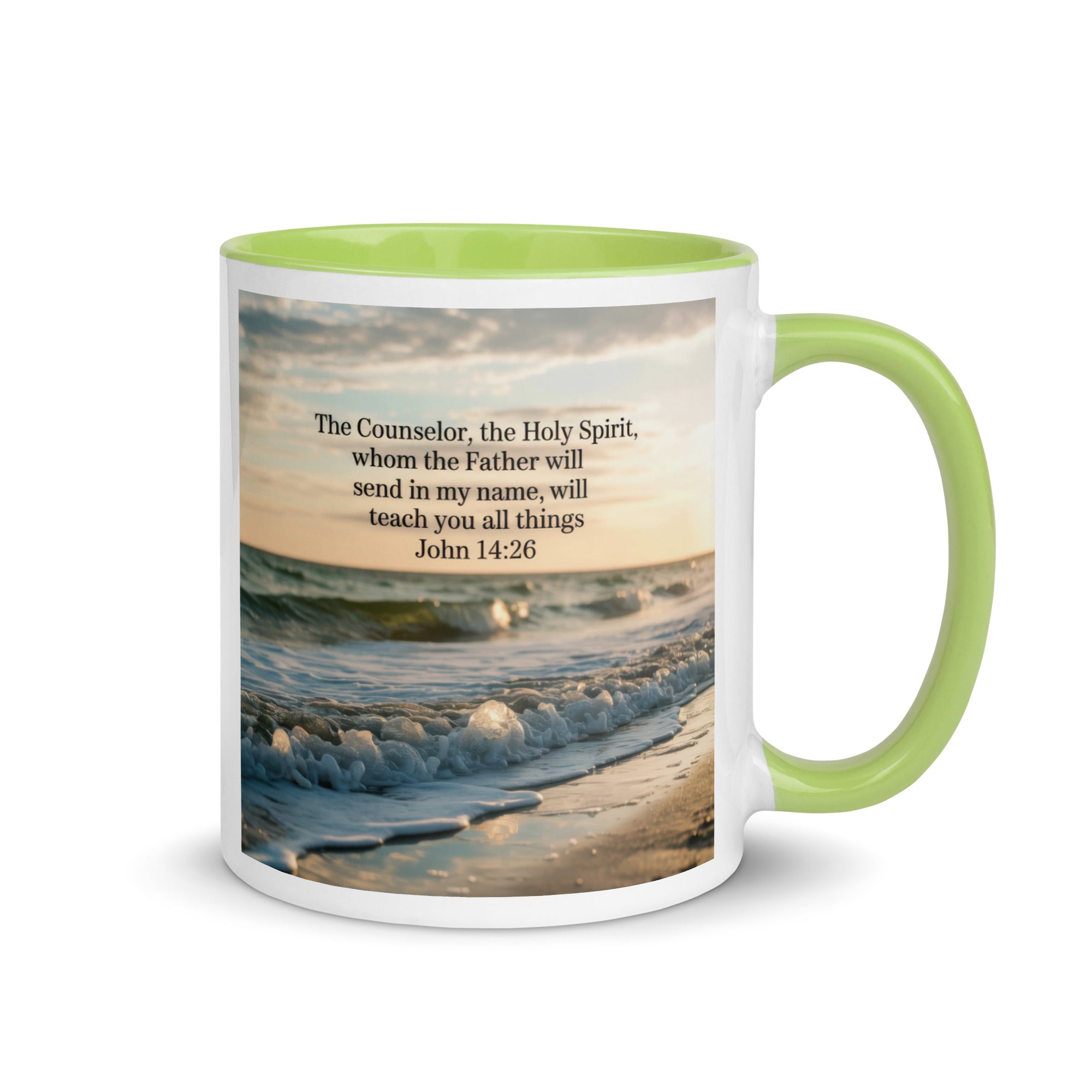 John 14:26 Bible Verse You All White Ceramic Mug with Color Inside Green 11 oz