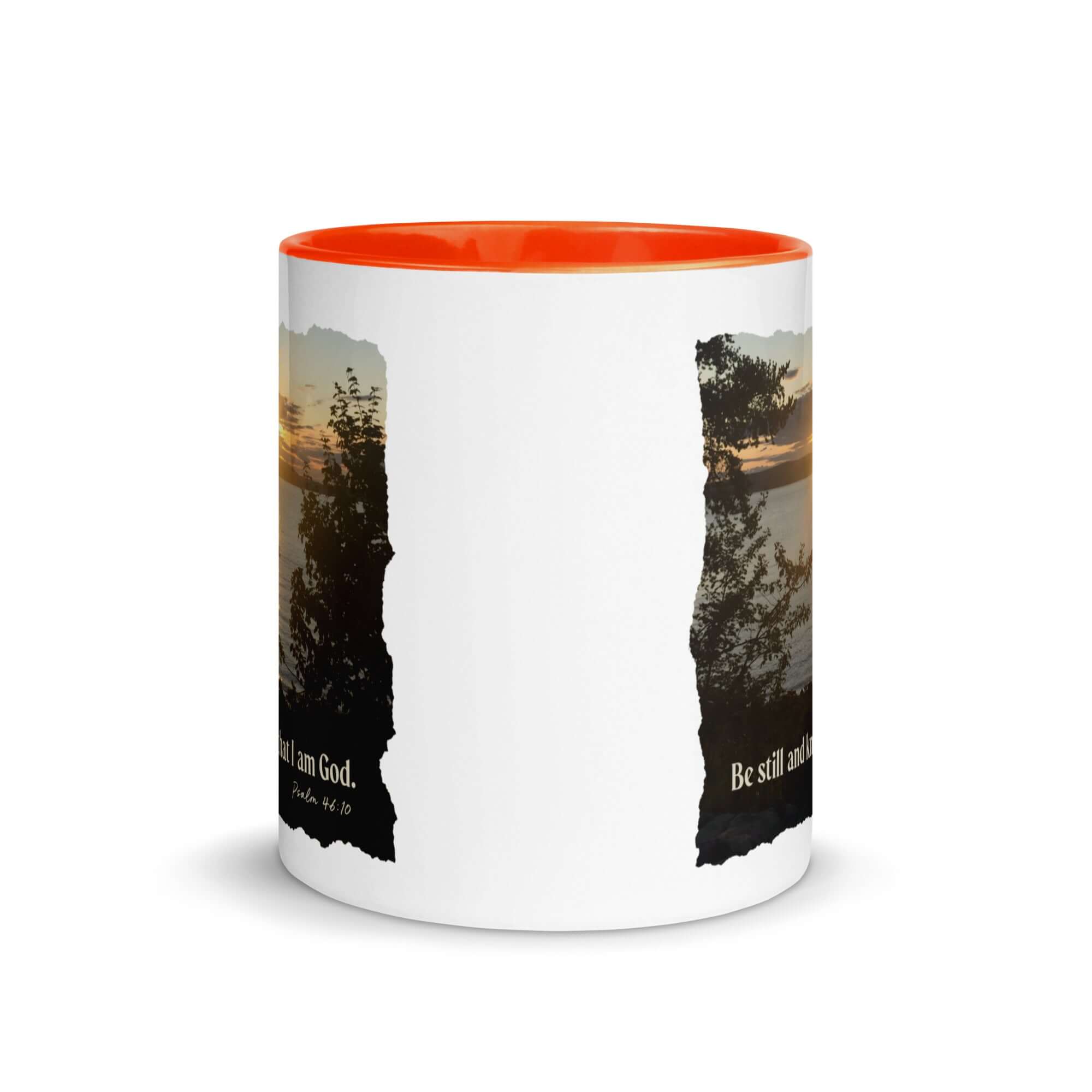 Psalm 46:10 Bible Verse, Sunset Glory White Ceramic Mug with Color Inside
