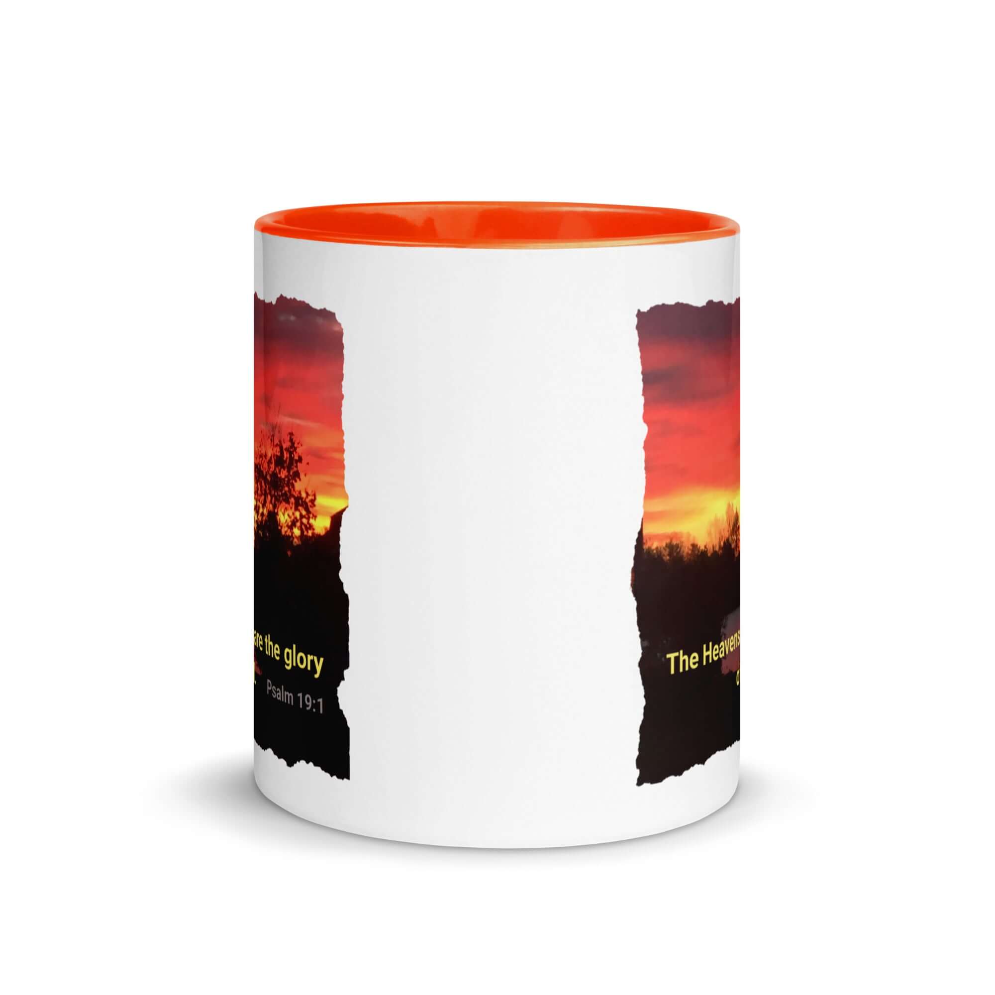 Psalm 19:1 Bible Verse, Sunset Glory White Ceramic Mug with Color Inside