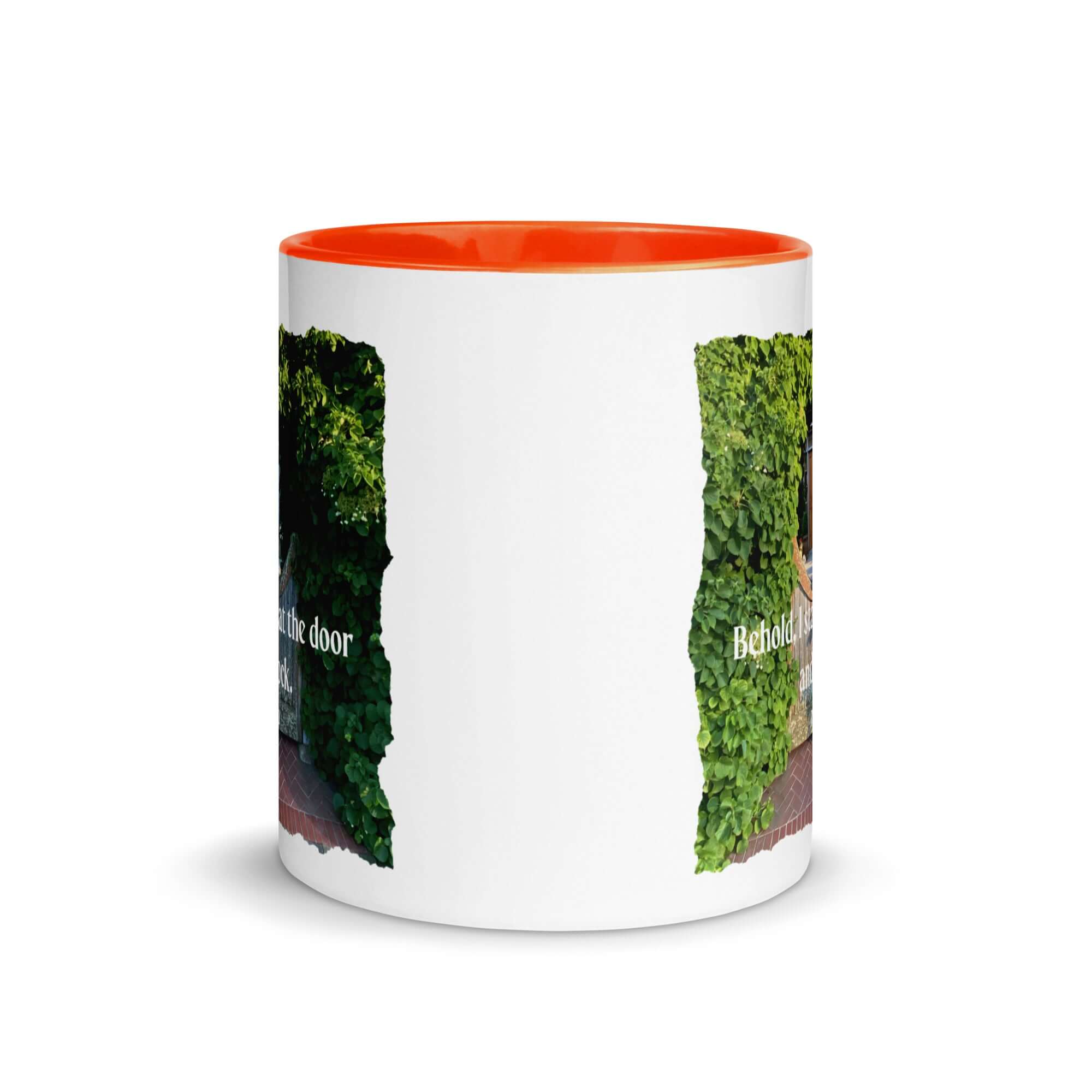 Revelation 3:20 Bible Verse, Garden Doorway White Ceramic Mug with Color Inside